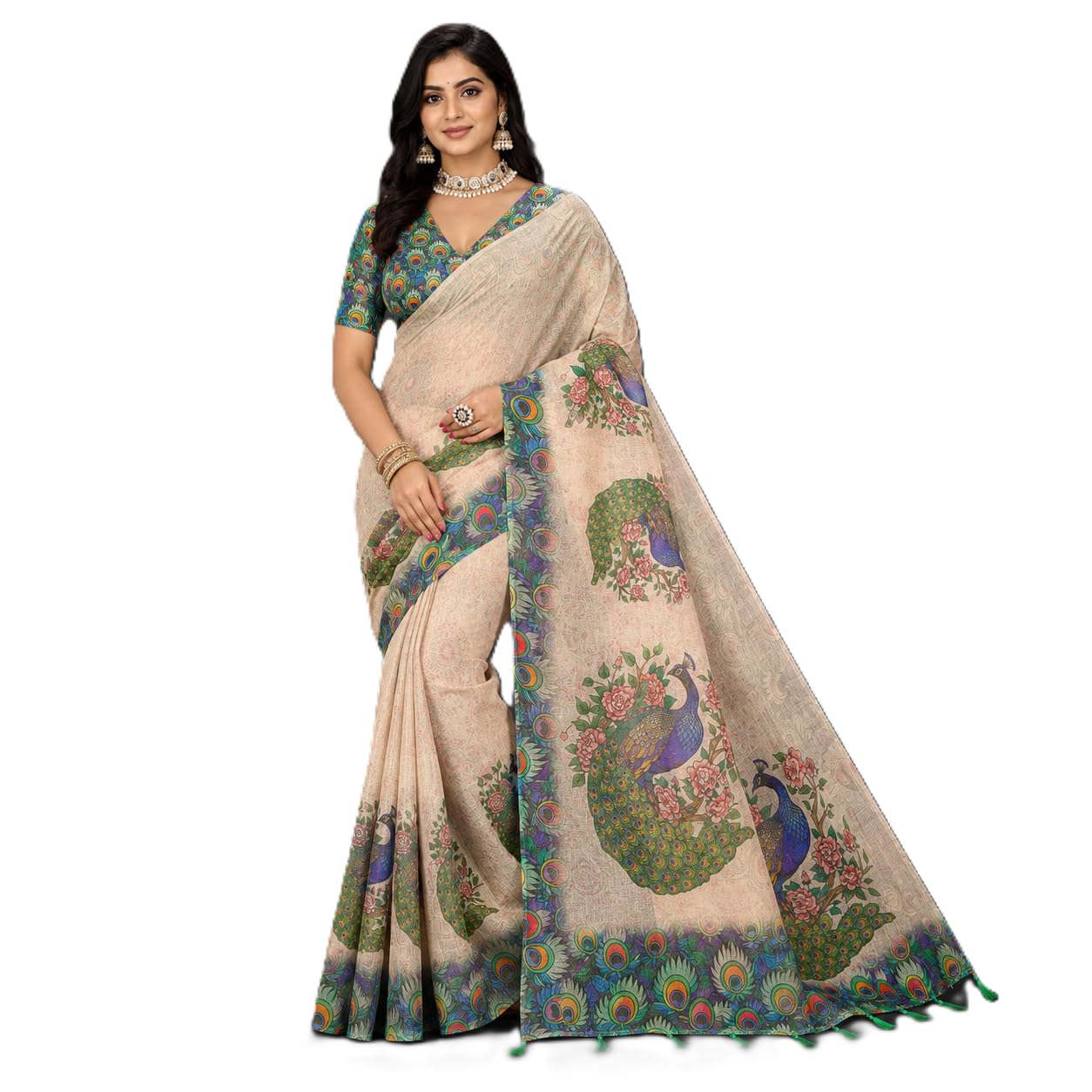 saiyamori Women's Cotton Linen Saree, Beige Cream, Floral Print-picture-34