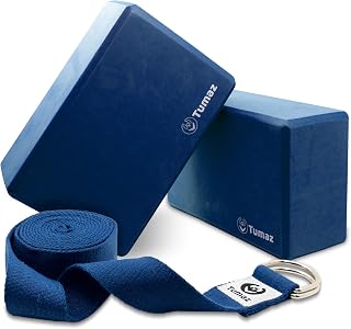 Tumaz Yoga Blocks 2 Pack with Strap Set, High Density/Lightweight EVA Foam Yoga Blocks or Non-Slip Solid Natural Cork Yoga Blocks & Premium 8F Yoga Strap Set for Yogi [Instruction E-Book Included]