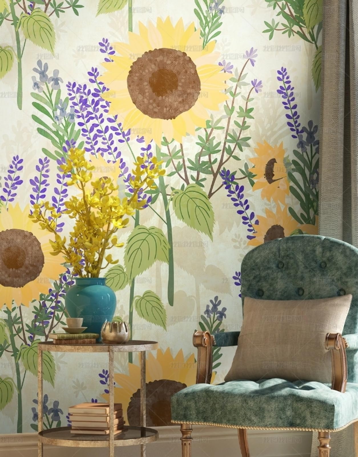 Papier peint autocollant fleurs tournesol vinyle jaune 45x600cm