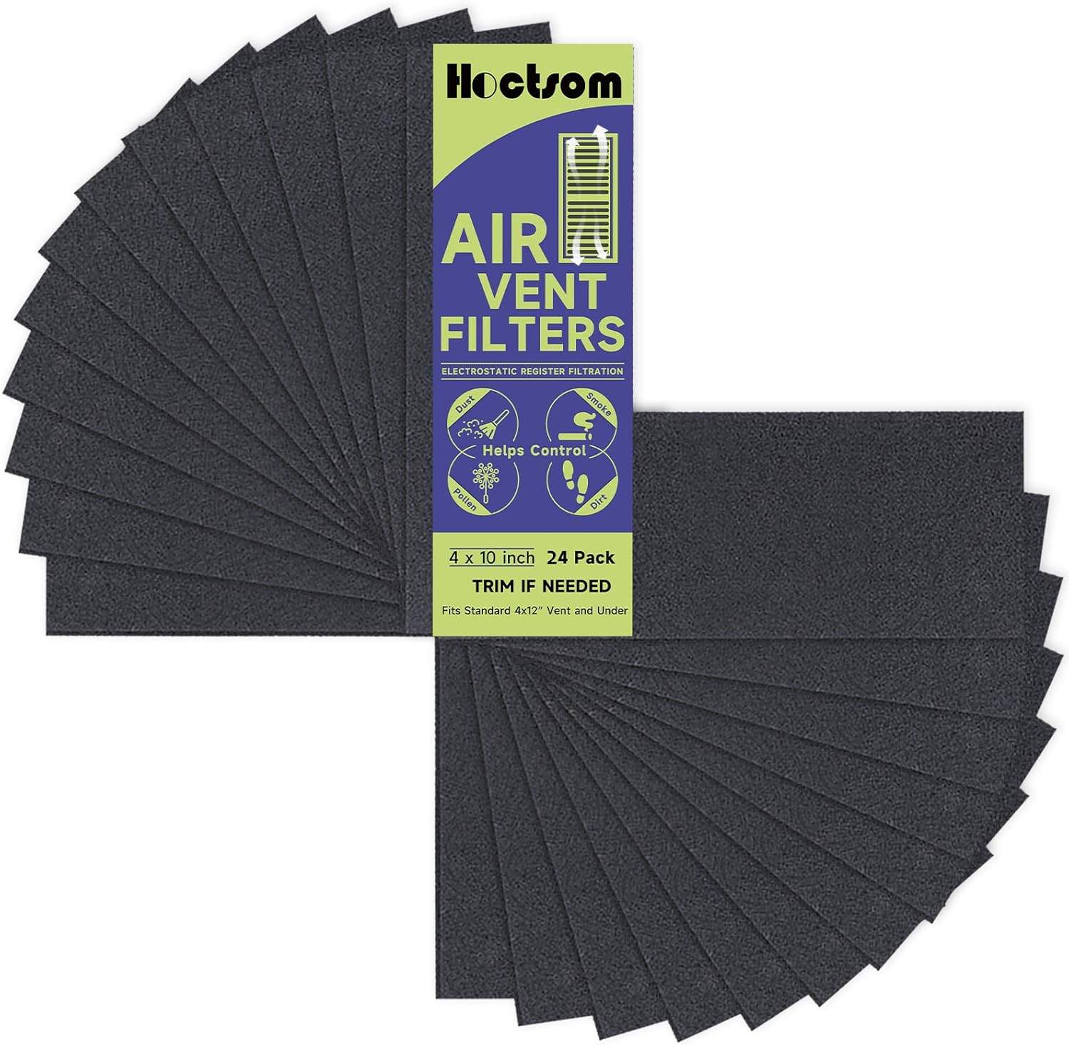 24-Pack Air Vent Filter 4 x 10 Inch Activated Charcoal, Air Vent Floor Heater Carbon Pre-Filter Sheet 4x10 Inch Work for Home Air Purifier, Register, Ceiling 4" x 10" (Black) Hoctsom