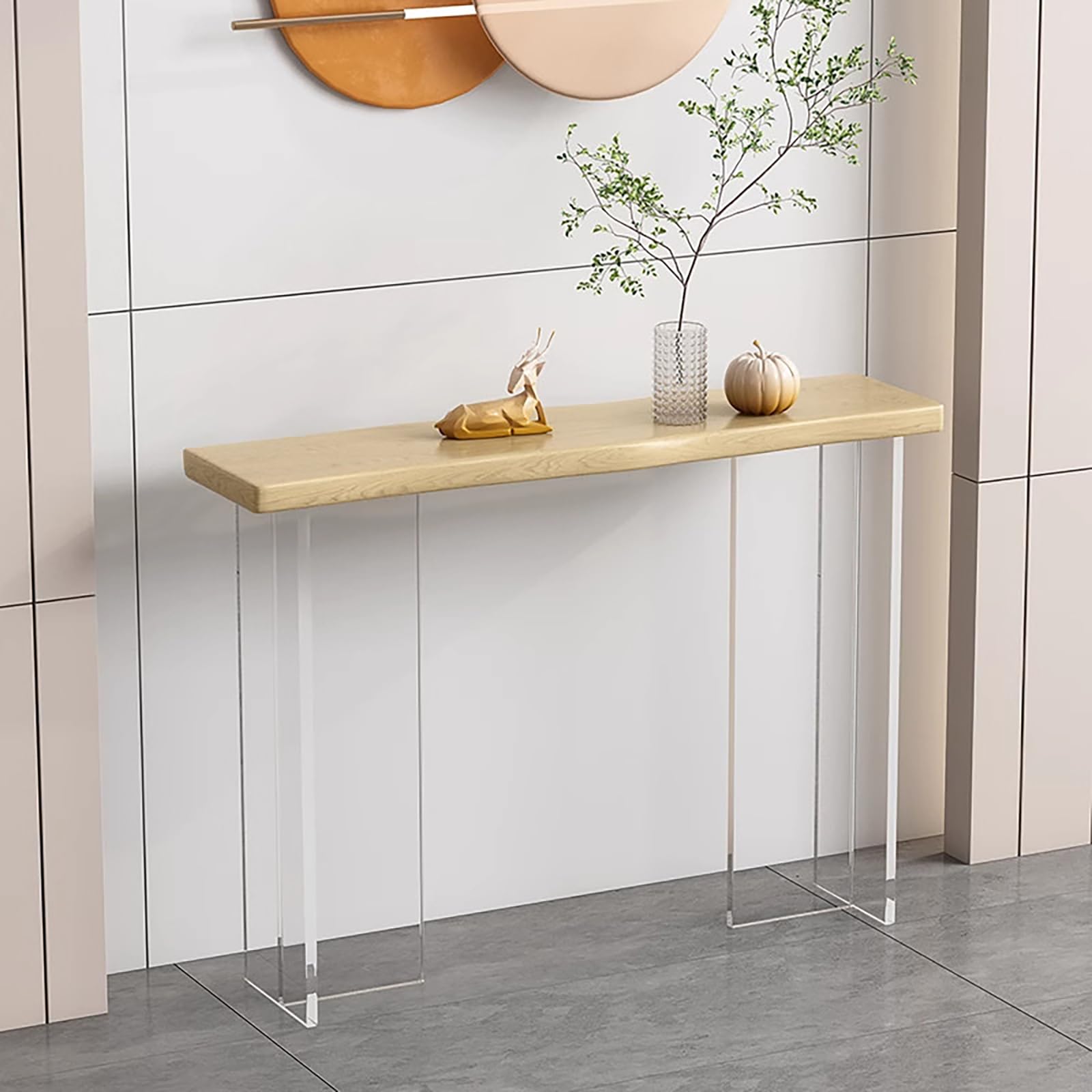 Mesa consola de pino moderna con patas acrílicas transparentes para pasillo y entrada estrecha