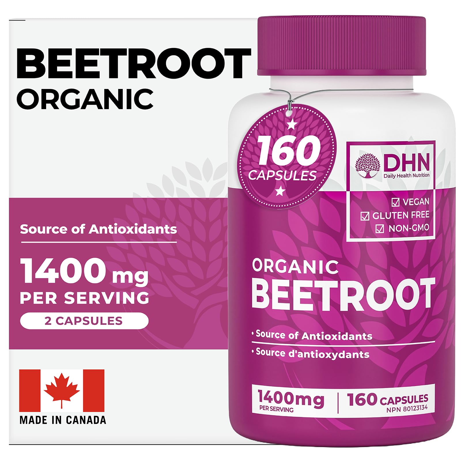 *BONUS SIZE* 160 Capsules of High Potency Organic Beetroot Powder | 1,400mg per serving (700mg per capsule x2) | Energy Support | Antioxidant Support | A Natural Super Food | Canadian Made