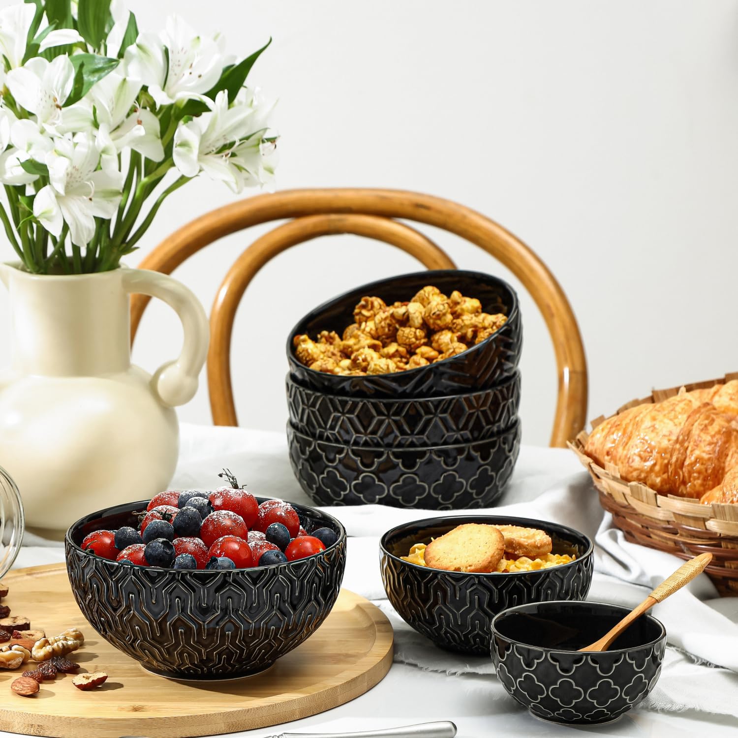 Sureasy Ceramic Cereal Bowls Set of 4, 5.9 Inch Deep Soup Bowls for Kitchen, 25 oz Embossed Stoneware Bowls for Pasta, Salad, Oatmeal, Noodle, Ramen, Microwave Dishwasher Safe, Set of 4, Black - Image 5