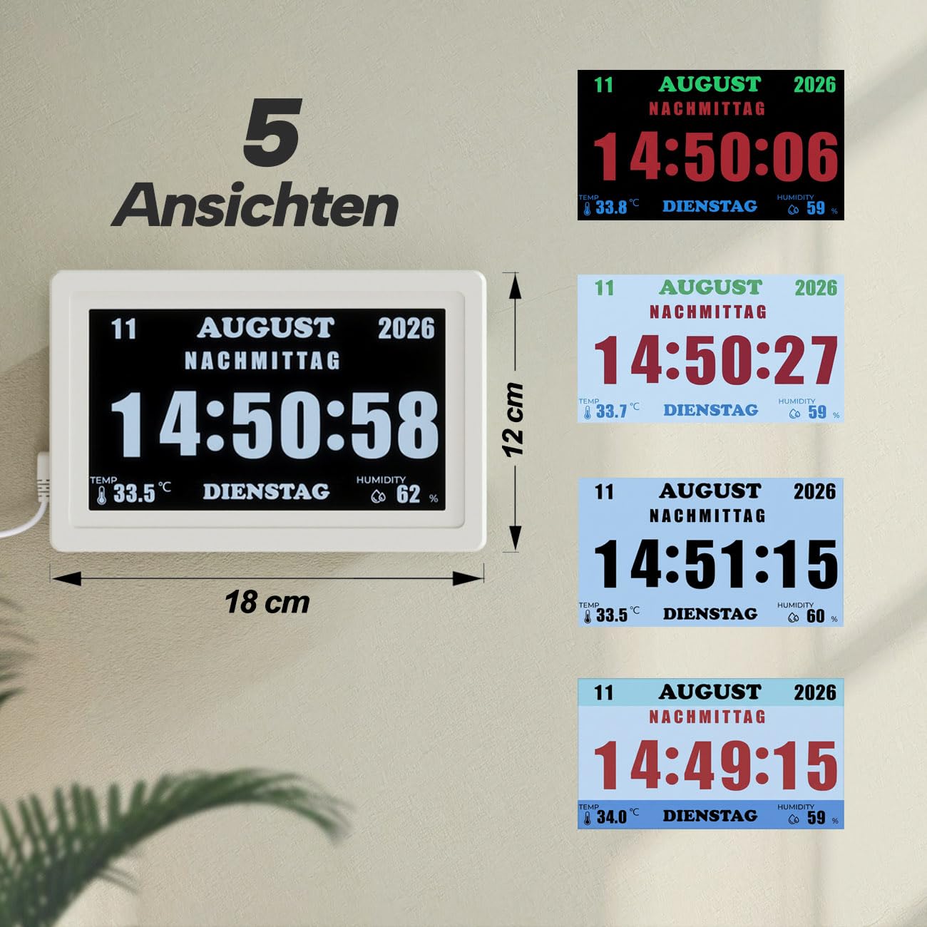 7'' Digitale Demenz-Uhr für Senioren - Große Schriftanzeige mit Uhrzeit, Datum, Wochentag, Temperatur, 5 Alarmen & 10 Erinnerungen, Automatische Dimmung, Weiß