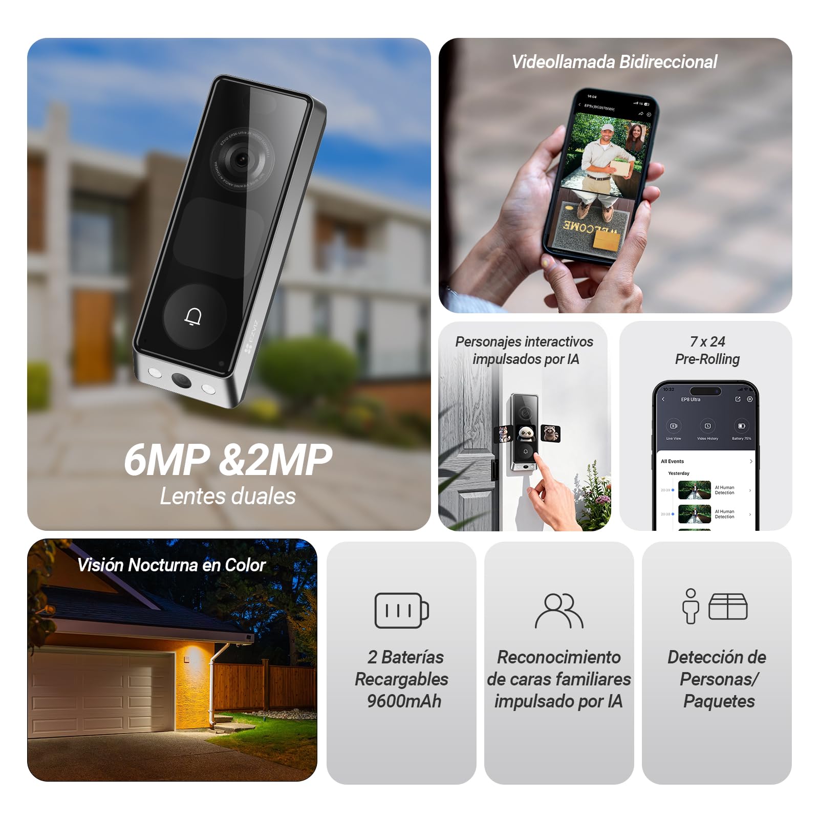 EZVIZ 6MP+2MP EP8 Ultra Timbre Inalámbrico Exterior Impermeable con Chime | Pantalla Interactiva con Videollamada, Detecta Persona/Paquete, Pre-Roll, 2 Baterías Recargables, 32GB eMMc Interno, Wi-Fi 6