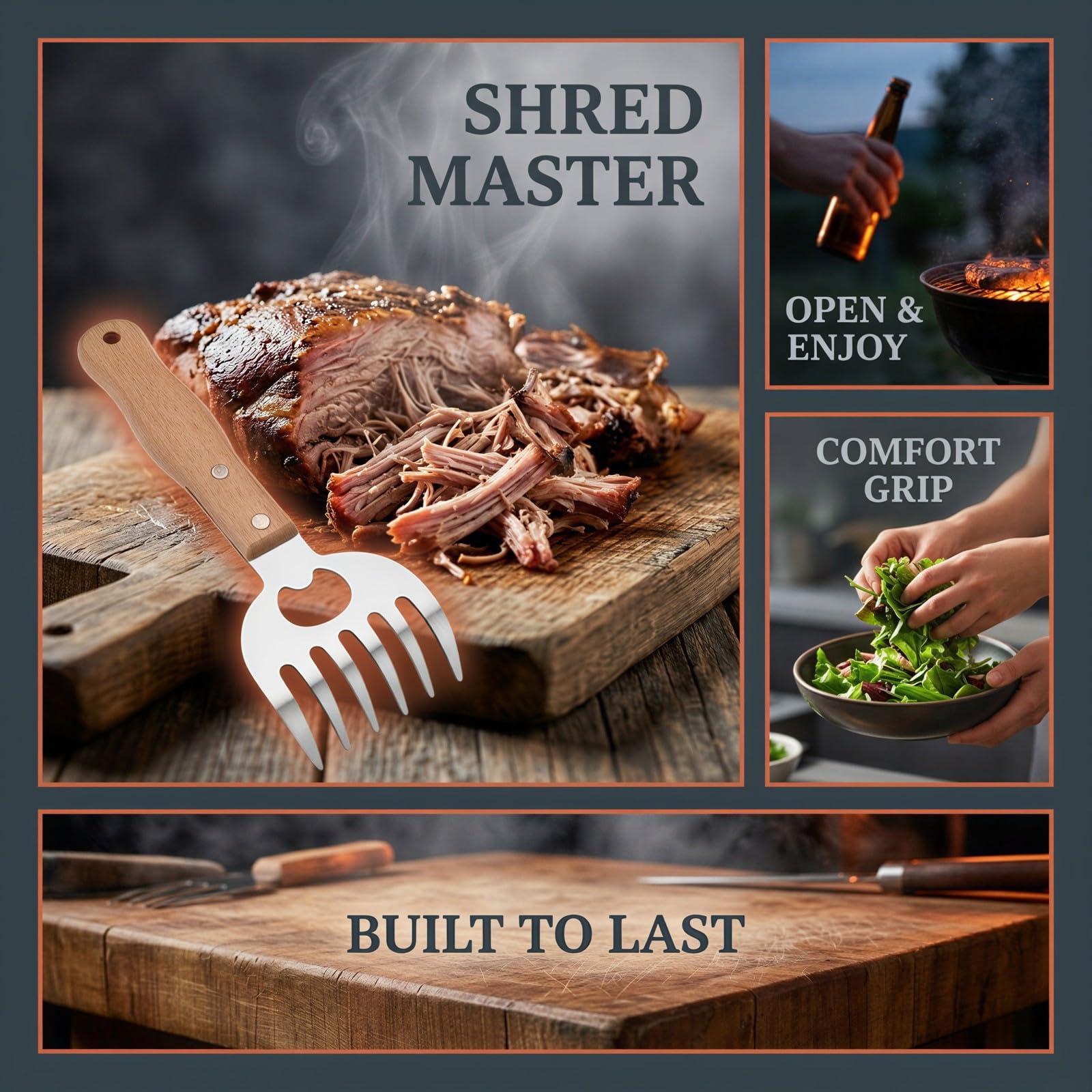 4 Stk. Fleischkrallen für Pulled Pork, BBQ-Krallen aus Edelstahl mit ergonomischem Holzgriff, Fleischgabeln für Huhn, Rind und Truthahn, multifunktionales Fleischwerkzeug mit Flaschenöffner