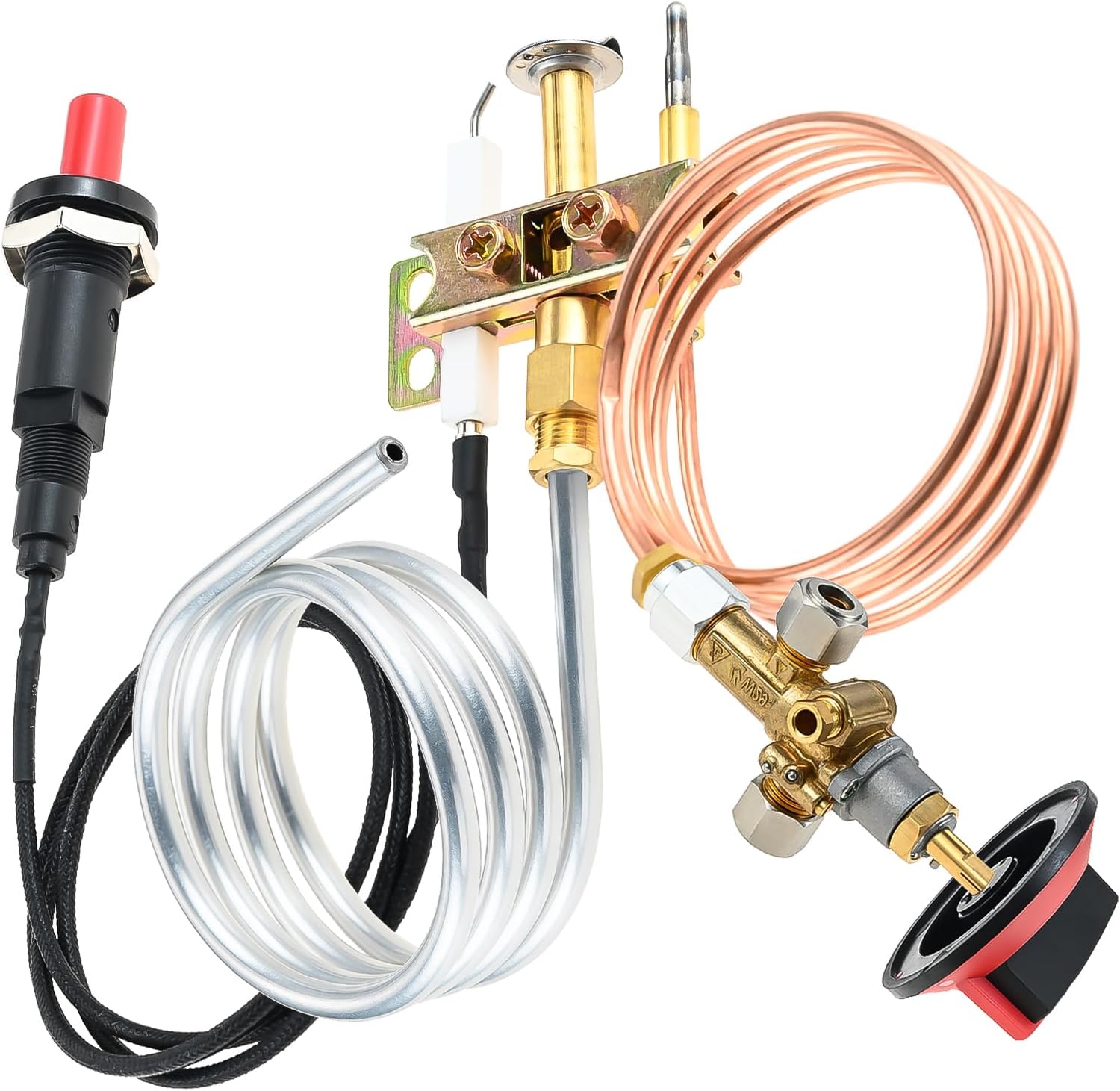 gohantee LP Gas Safety Valve with 3 Outlet Pilot Burner, 0.9 Meters M10x1 Thermocouple, Piezo Igniter Device with Knob Kit Assembly for Pizza Oven, Fireplace, Range Oven