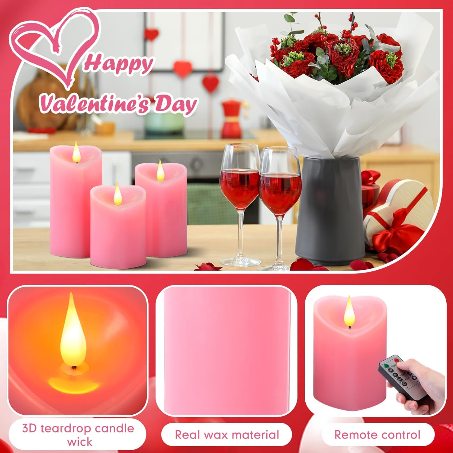Retisee 3 Pcs Heart Pillar Candle - 4" 5" 6" LED Battery Operated Flameless Candle with Remote for Valentine Women Romantic Home Weeding Decoration Gift(Pink)