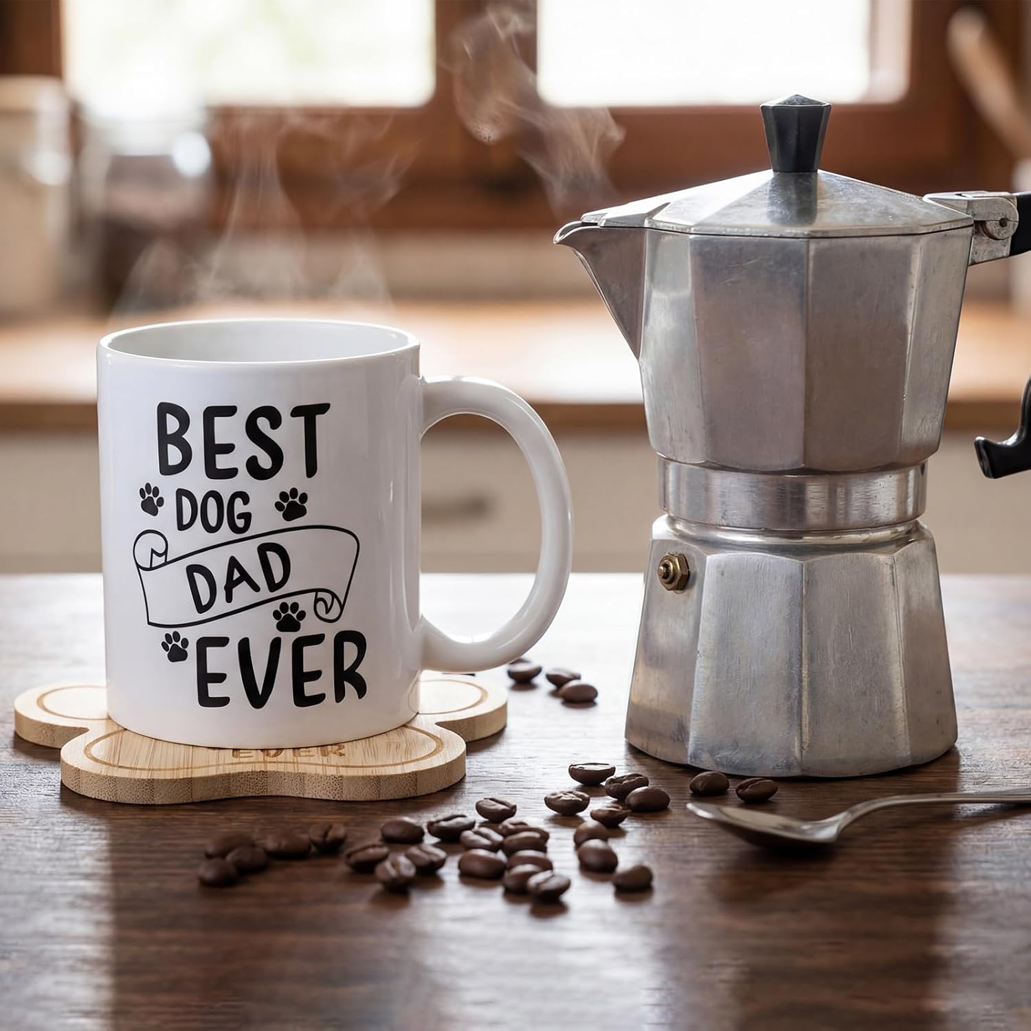Baderke 2 Pcs Best Dog Dad Ever Mug with Bamboo Coasters 11.2 oz Dog Dad Gifts for Men Paw Puppy Cute Coffee Cup Birthday Gifts for Pet Animal Lovers(Dogdad)