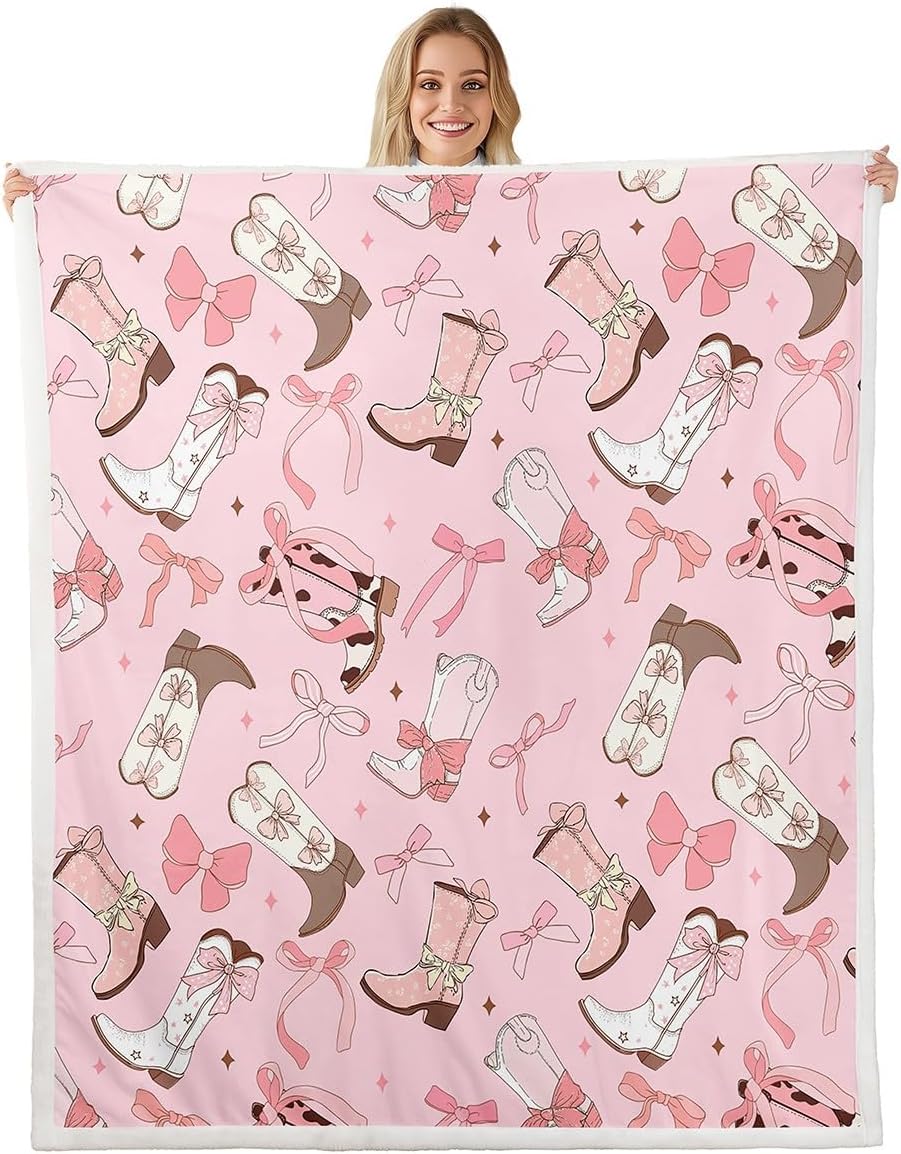 Erosebridal Cowgirls Fleece Blanket Queen 90"X90" Pink Cowboys Boot Hats Throw Blanket Kawaii Ribbon Bow Sherpa Blanket for Girls Boys Teens Cute Cherry Love Heart Plush Bed Blanket for Bed Couch