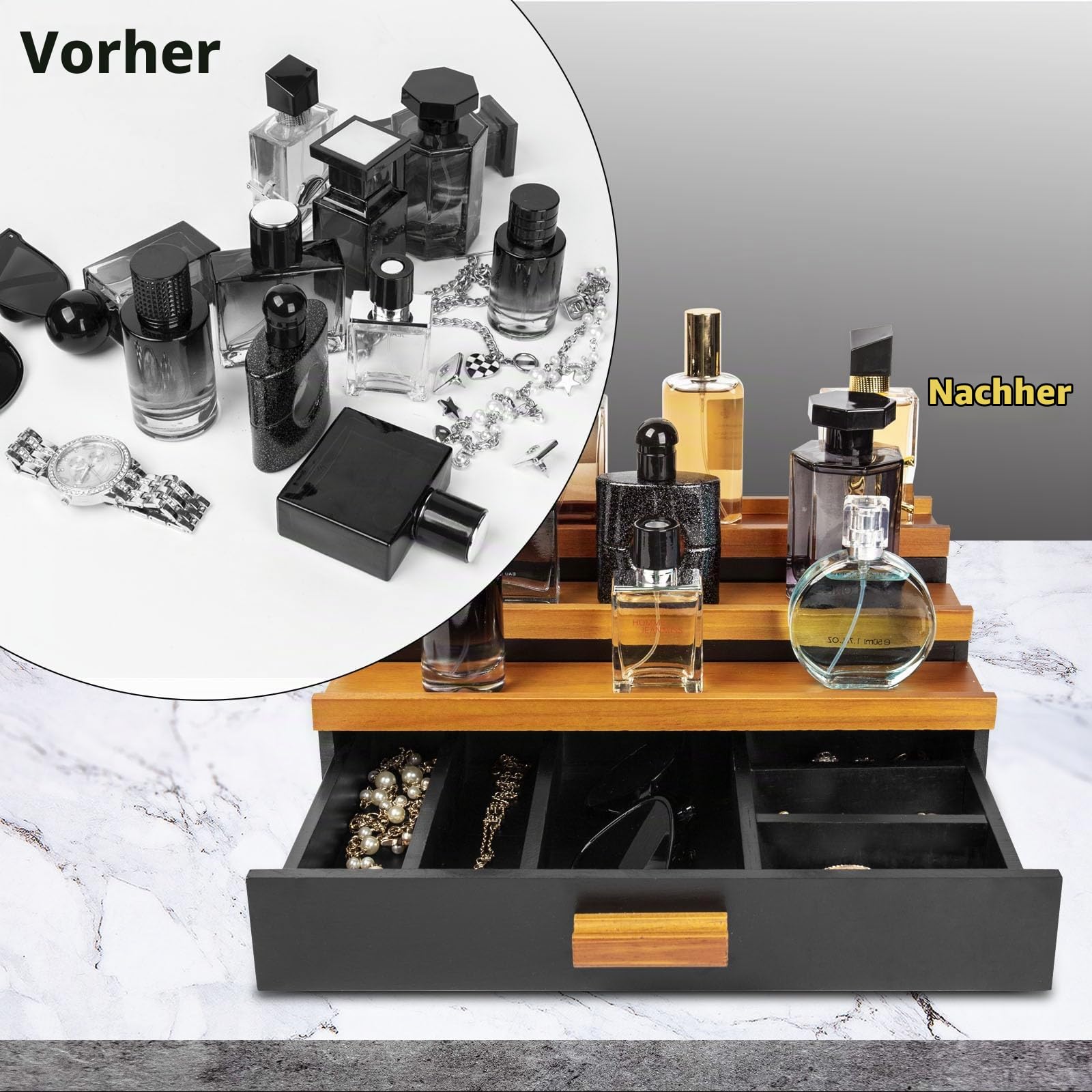 Köln Organizer 3-Ebenen für Display mit Schublade | Köln Ständer mit Aufbewahrung Deko, Displayständer für Kosmetik und Accessoires,Schmuckaufbewahrung Badezimmer Schlafzimmer