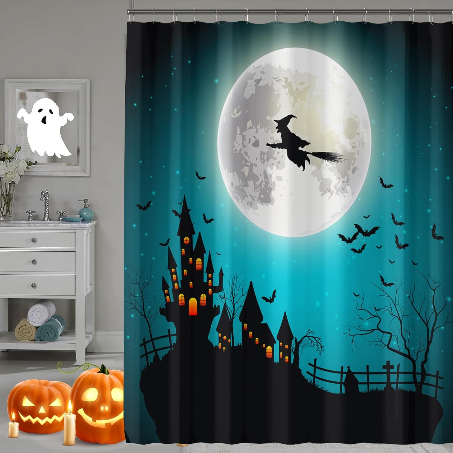 Halloween Shower Curtain, Scary Spooky Castle Halloween Theme Bathroom Home Decoration, Horror Waterproof Fabric Bath Curtain, 72x72 Inch, Happy Halloween Party Gifts Supplies Halloween 10 72"W x 72"L (Pack of 1)