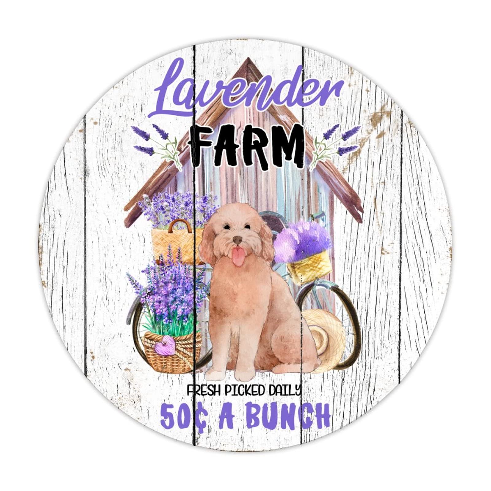 ENEDNATE Dog Lavender Farm Sign Farmhouse Lavender Kitchen Wall Art Aluminum Sign 12x12 inch Round Vintage Metal Tin Sign Home Decor for Club Bar Garden Kitchen Restaurant