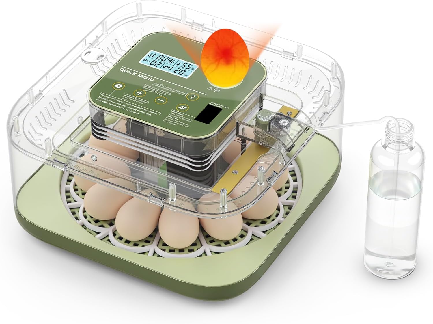 12 Egg Incubator with Humidity Display & Built-in Candler, Automatic Turner, Temp & Humidity Control, Auto Water Refill – Digital Hatcher for Chicken, Duck, Quail, Parrot (Green, 12 Egg)