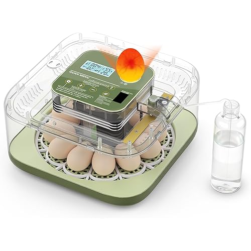 12 Egg Incubator with Humidity Display & Built-in Candler, Automatic Turner, Temp & Humidity Control, Auto Water Refill – Digital Hatcher for Chicken, Duck, Quail, Parrot (Green, 12 Egg)