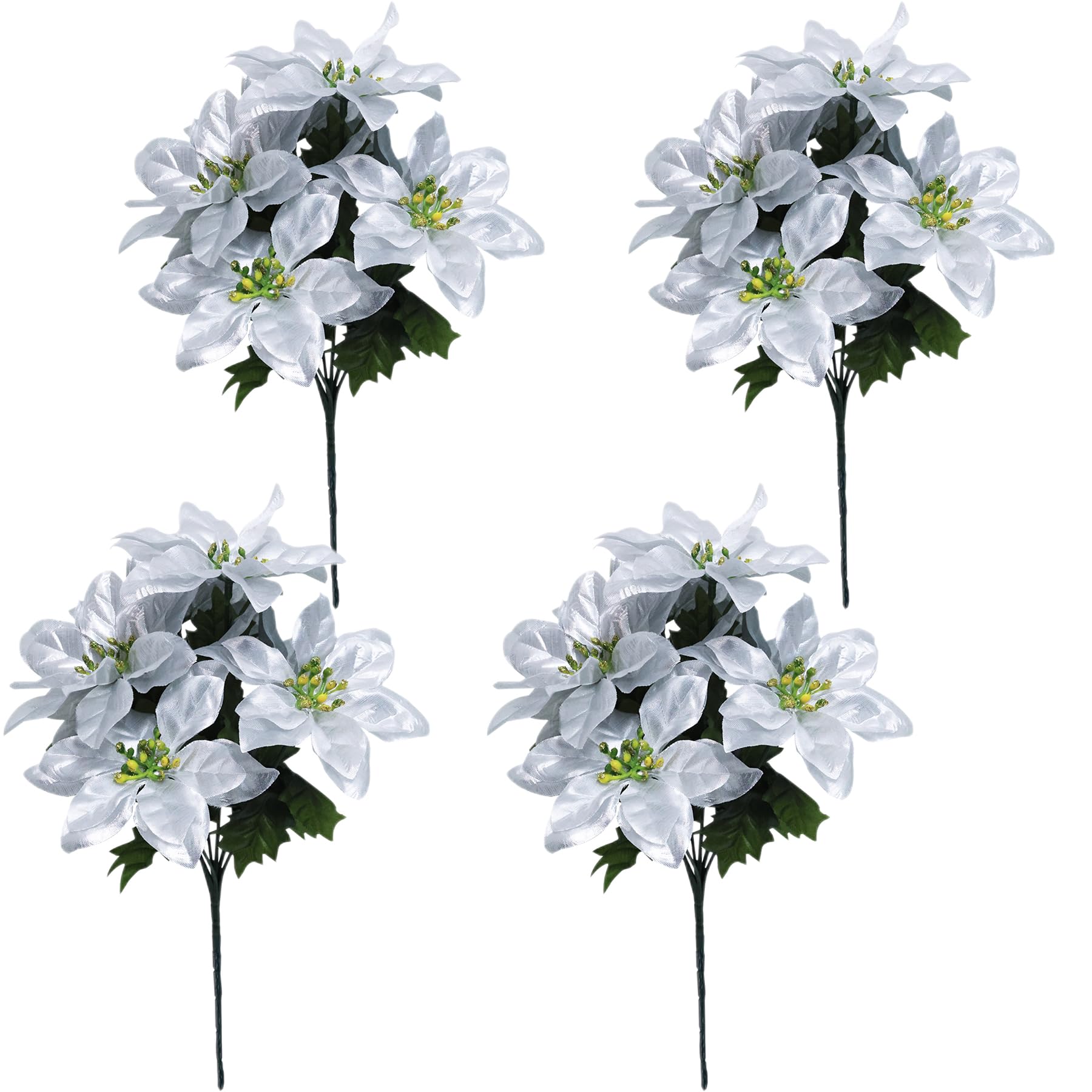 Poinsettia Artificial Flowers 7 Heads Artificial Poinsettia Bushes Fake Flowers Artificial Christmas Flower Silk Poinsettia Arrangement for Christmas Tree New Year Holiday Decoration (Silver, 4 PCS)
