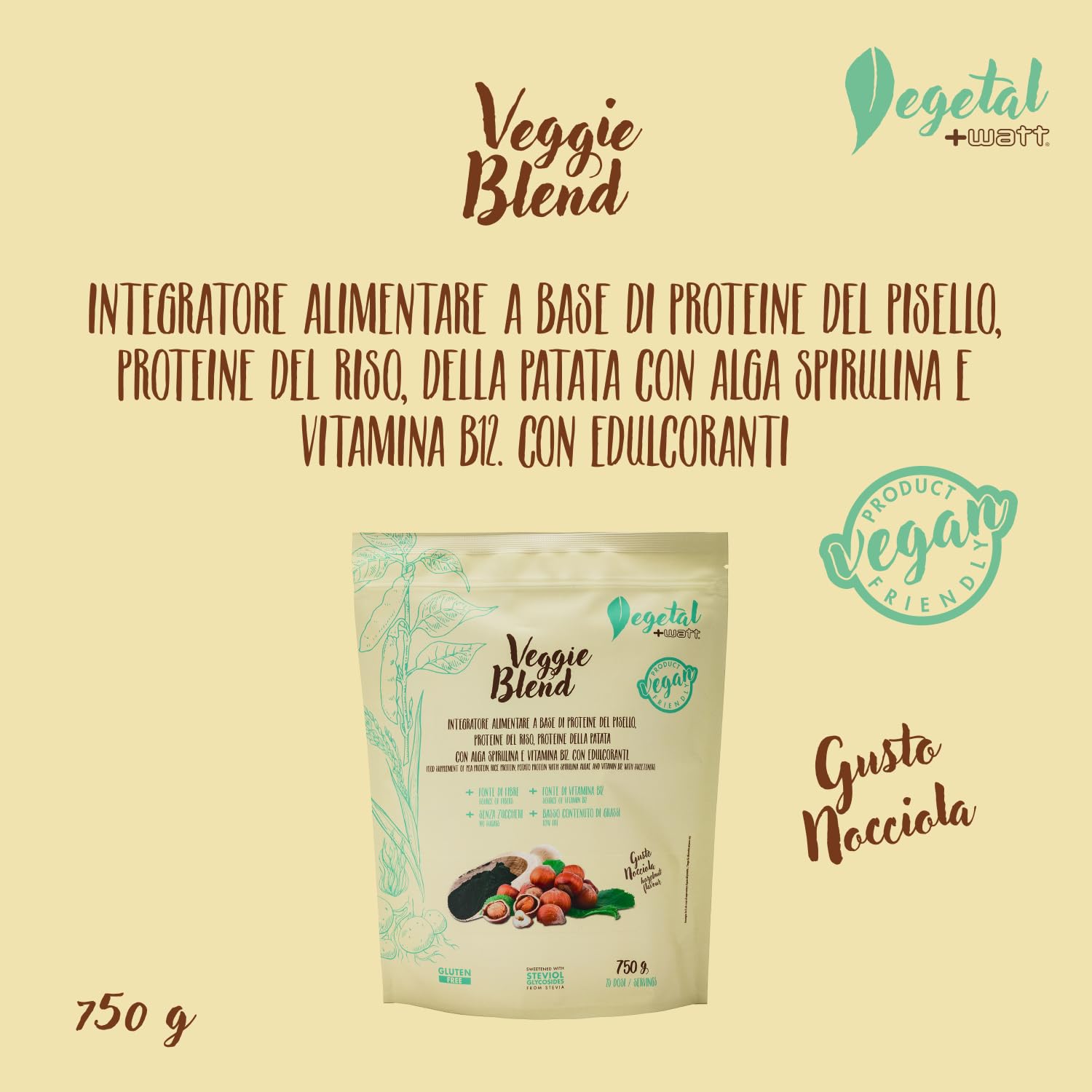 Veggie Blend 750 g - Proteine vegetali del pisello, del riso e della patata. Con spirulina e vitamina B12-100% vegetale e vegan - Gusto nocciola
