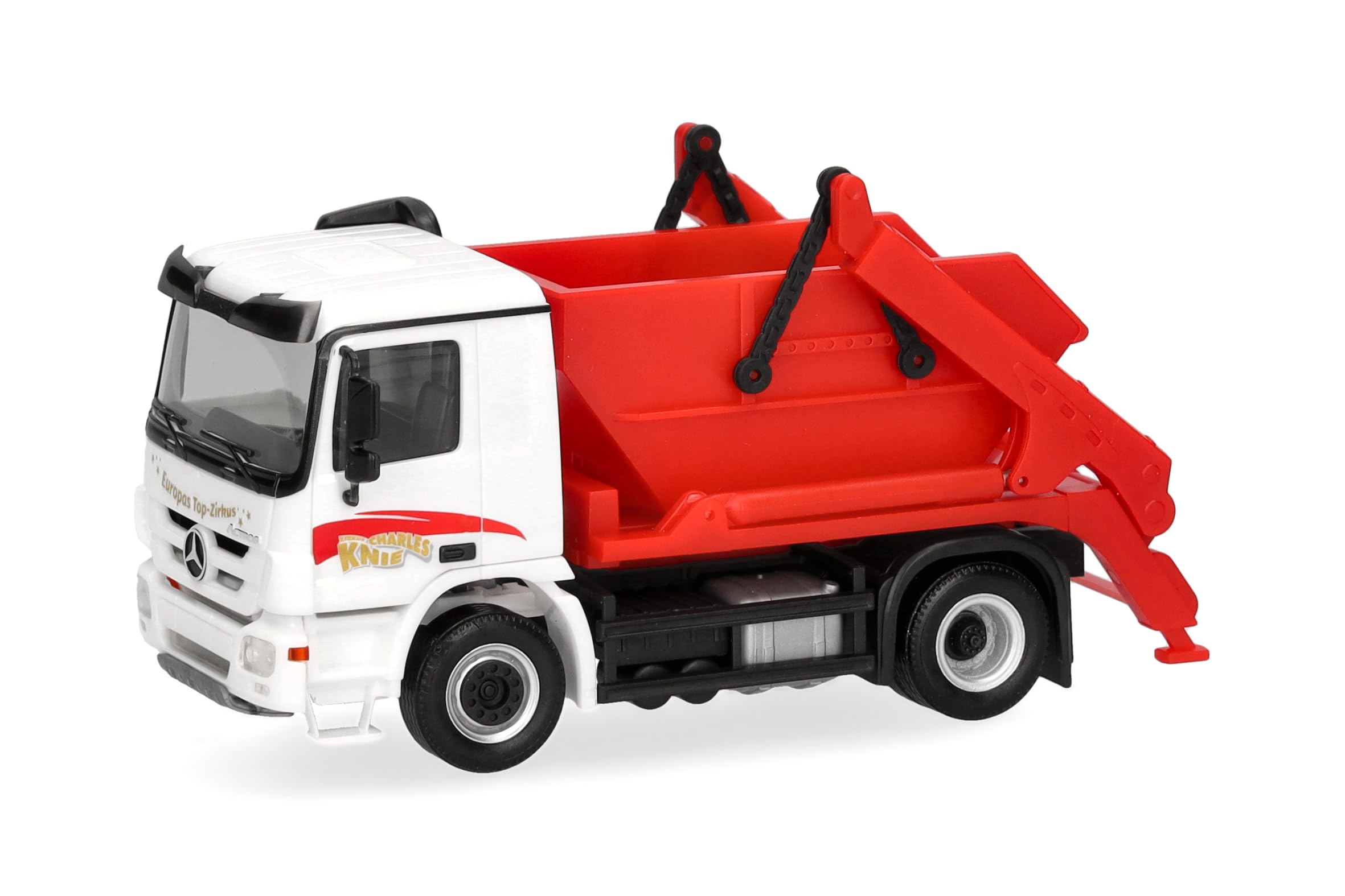 Herpa truck model Mercedes-Benz Actros M 08 skip loader AK12 "Circus Charles Knie", on a scale of 1:87, plastic miniature, made in Germany, model building, collectors edition