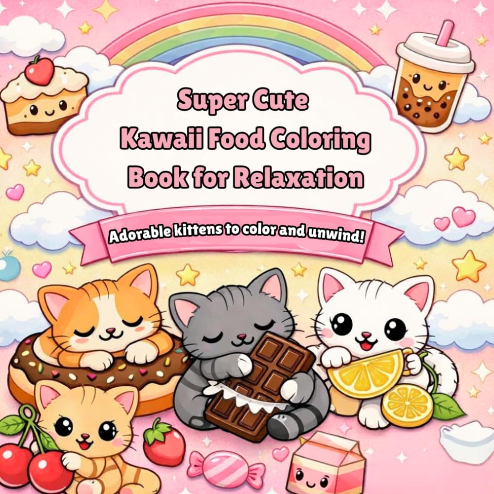 Super Cute Kawaii Cats & Food Coloring Book: 40 Adorable Pages of Donuts, Chocolates, Fruits, Drinks & Playful Kittens for Relaxation and Fun