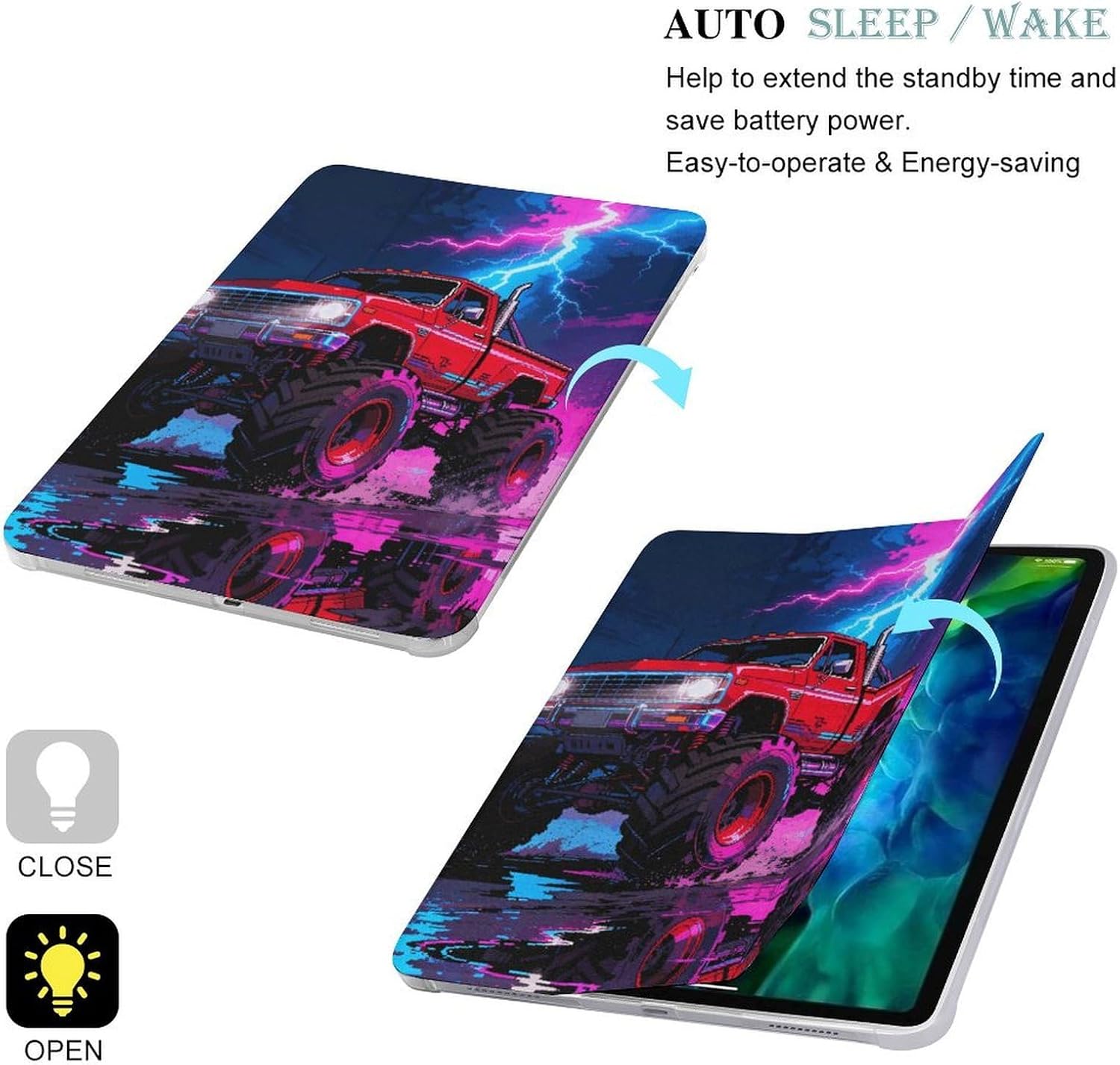 Monster Truck Lightning 12.9 in Trifold for iPad Case with Pencil Holder image 3