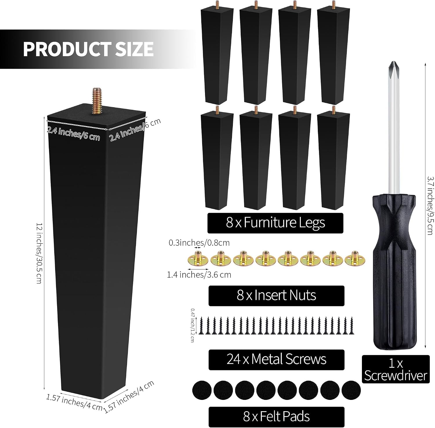 TURSTIN Set of 8 Furniture Legs 12 Inch Square Solid Wood Couch Legs Replacement Sofa Leg Mid Century Furniture Feet for Armchair Bed Dresser Cabinet Include Installation Hardware, Black