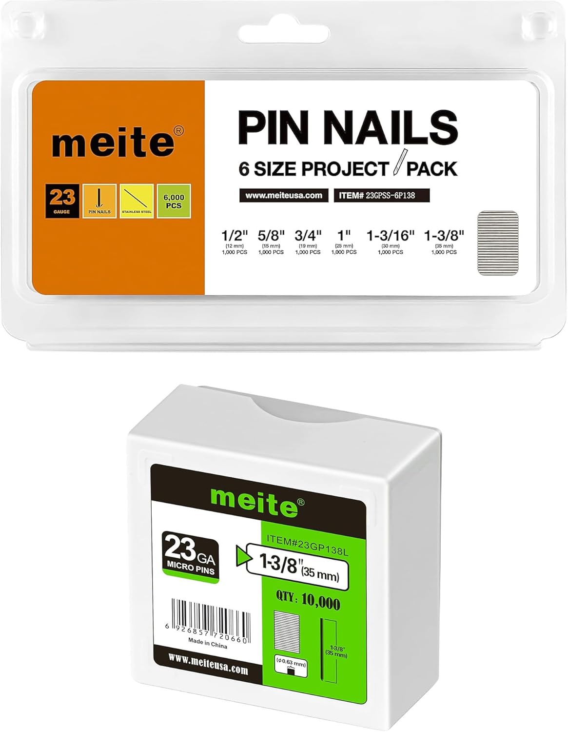 meite 1-3/8" Galvanized 23 Gauge Pin Nails - 10000 Counts and Assorted 6 Sizes (1/2", 5/8", 3/4", 1", 1-3/16", 1-3/8") 304 Stainless Steel Pin Nails - 6000 Counts