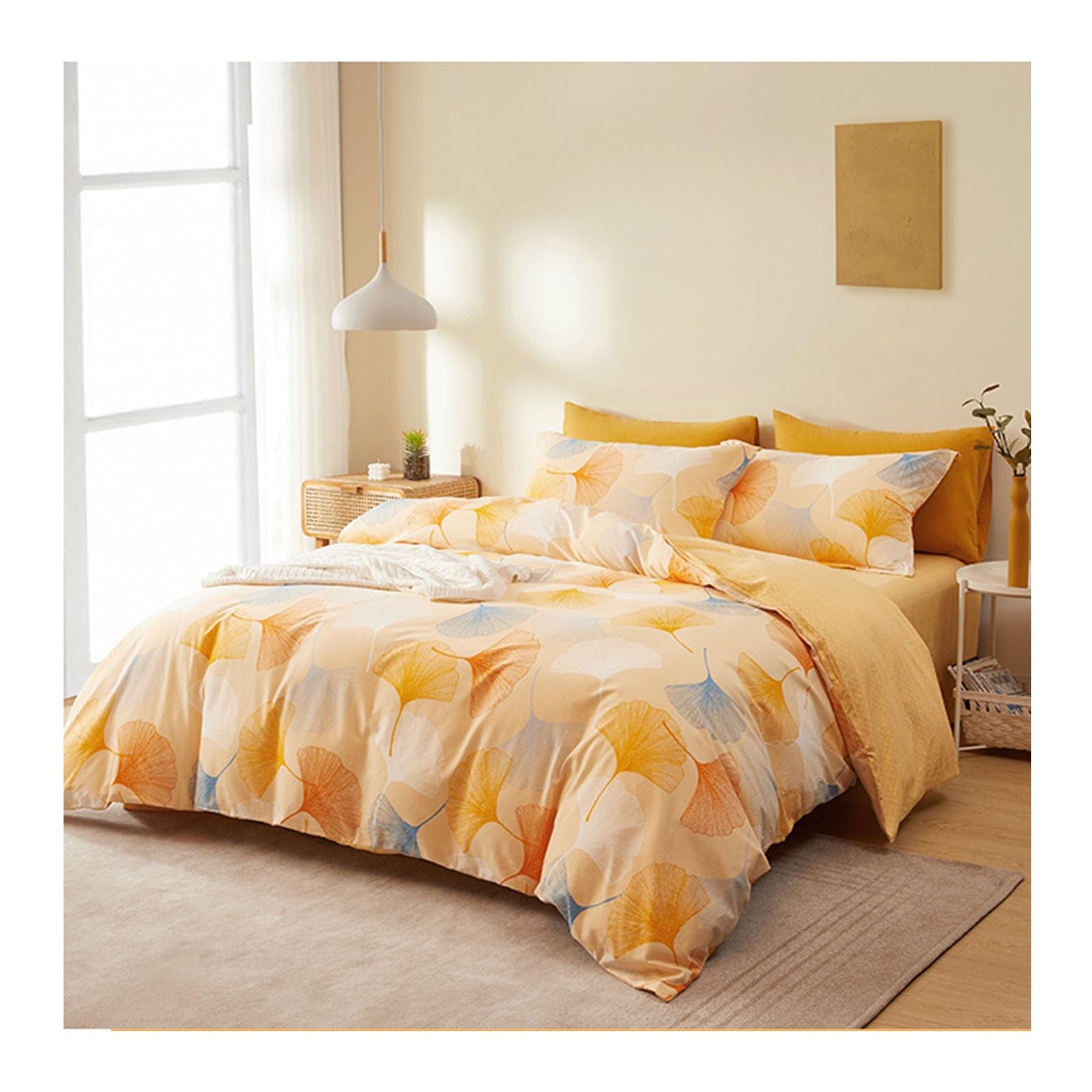 S5b8W3g7 Bedding set Garden Style Orange Ginkgo Biloba Duvet Cover 4 Piece Chic Flower and Leaf Botanical Bedding Set 100% Cotton Home Textile