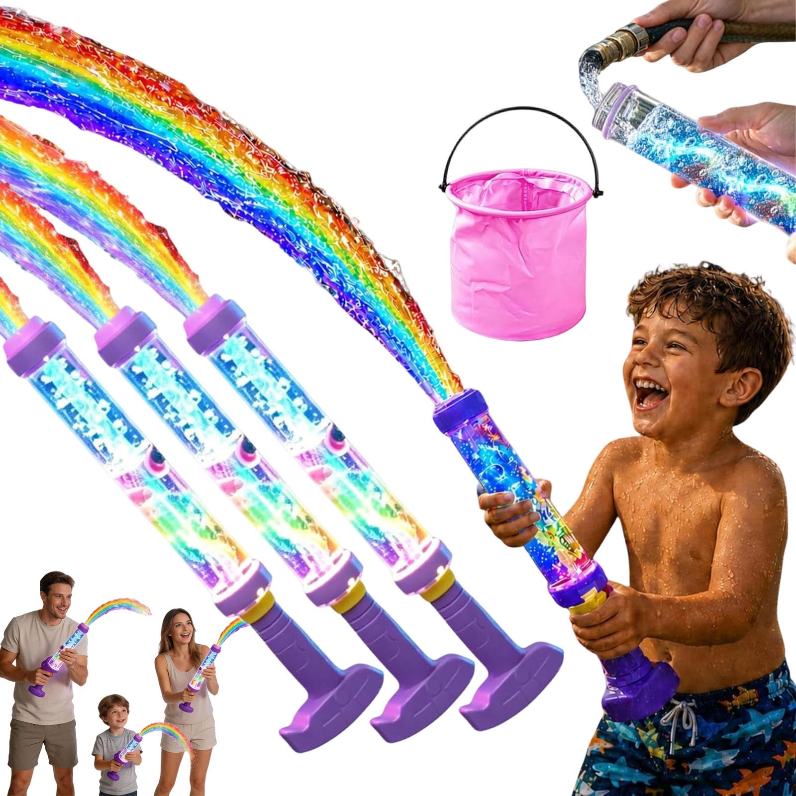 2026 New Glowing Rainbow LED Water Blaster | Summer Fun That Pops like Magic, Glowing Rainbow Water Blaster, Pull Push Firework Waters Blasters, For Pool Parties and Outdoor Activities (3PCS)