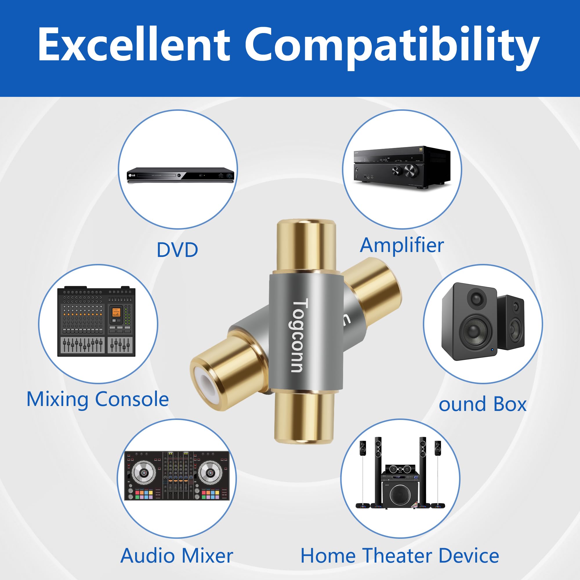 Paquete de 4 adaptadores RCA, 2 acopladores RCA hembra a hembra y 2 acopladores RCA macho a macho, chapado en oro para extensión de cable RCA, altavoz, amplificador