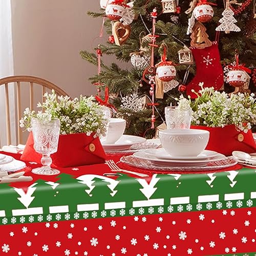 Miniatura 2 de Mantel de Navidad desechable, mantel de plástico para Navidad, color rojo, verde, blanco, mantel de árbol de renos y copos de nieve para decoración