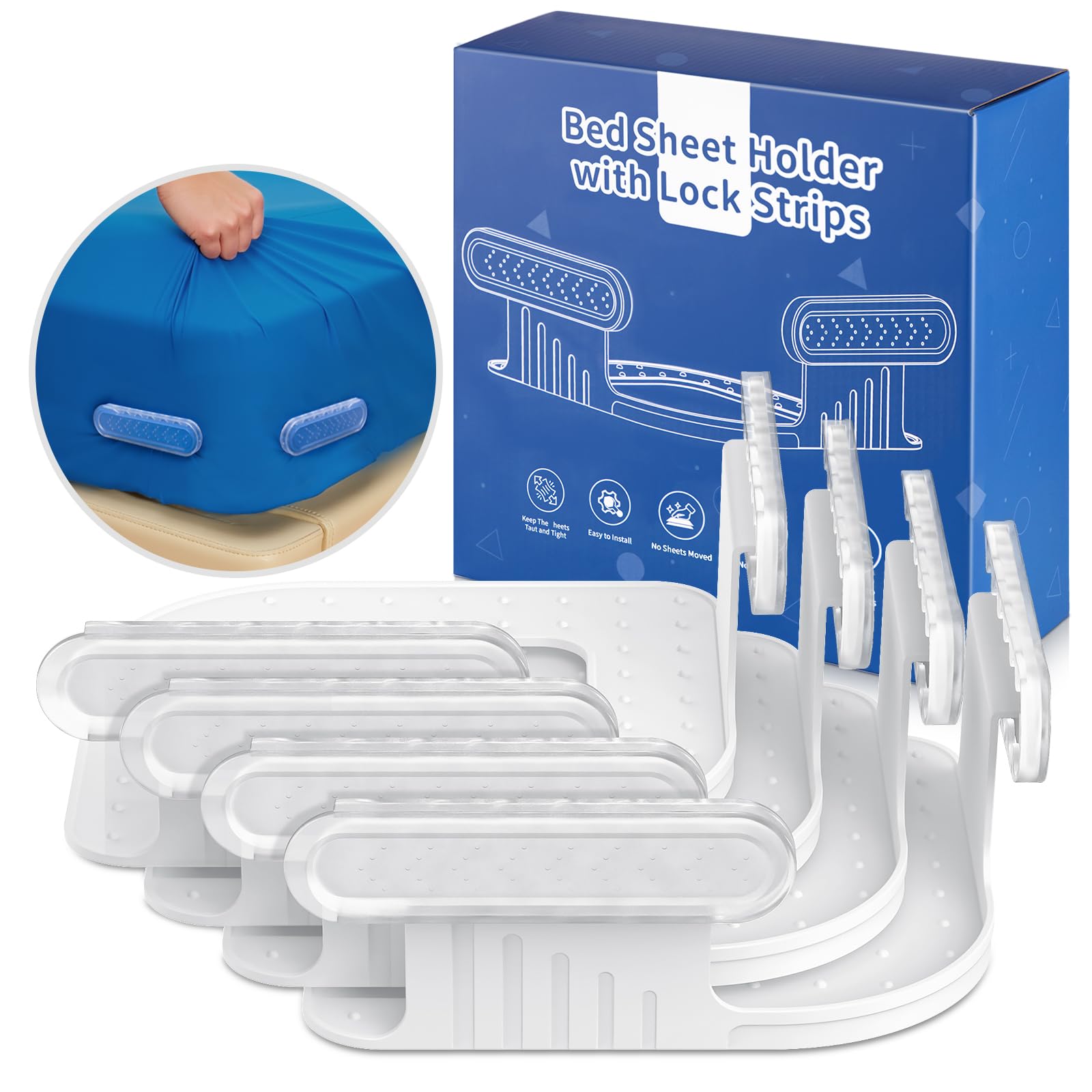 EDCREATY Bed Sheet Holder with Lock Straps, Heavy Duty Corner Fitted Bedsheet Fasteners with Strips for Most Size Mattress, No More Loose Sheets, Keep Sheets Firm and Tight, Easy Installation(Clear)