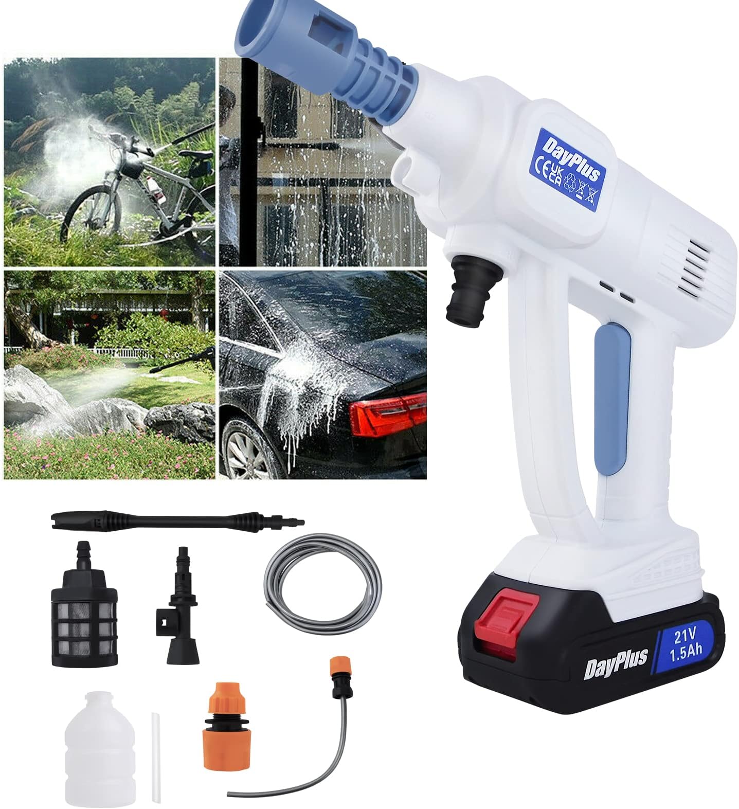 Cordless Power Washer 120W High Power Washer Machine with Rechargeable Battery, 21V Max Portable Pressure Washer with Adjustable Nozzle & 16.5FT Hose Jet Washer for Car Fence Floor Cleaning Watering