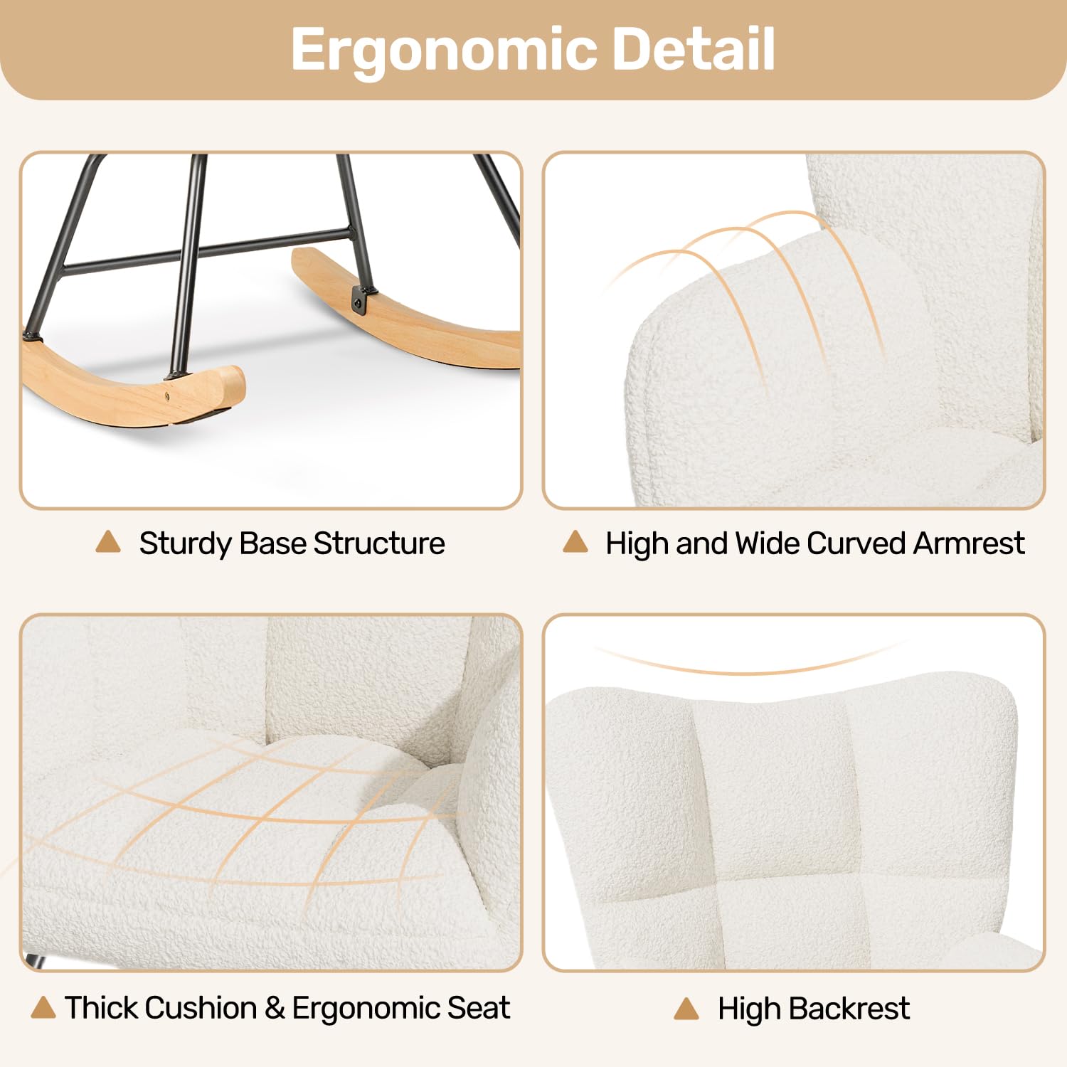 Hawthyhome Schaukelstuhl Relaxstuhl Sessel Stuhl Wohnzimmersessel, Schaukelsessel Gepolsterter Schwingsessel bis 136 kg belastbar Weiß Lounge Chair fürs Wohnzimmer Schlafzimmer Balkon