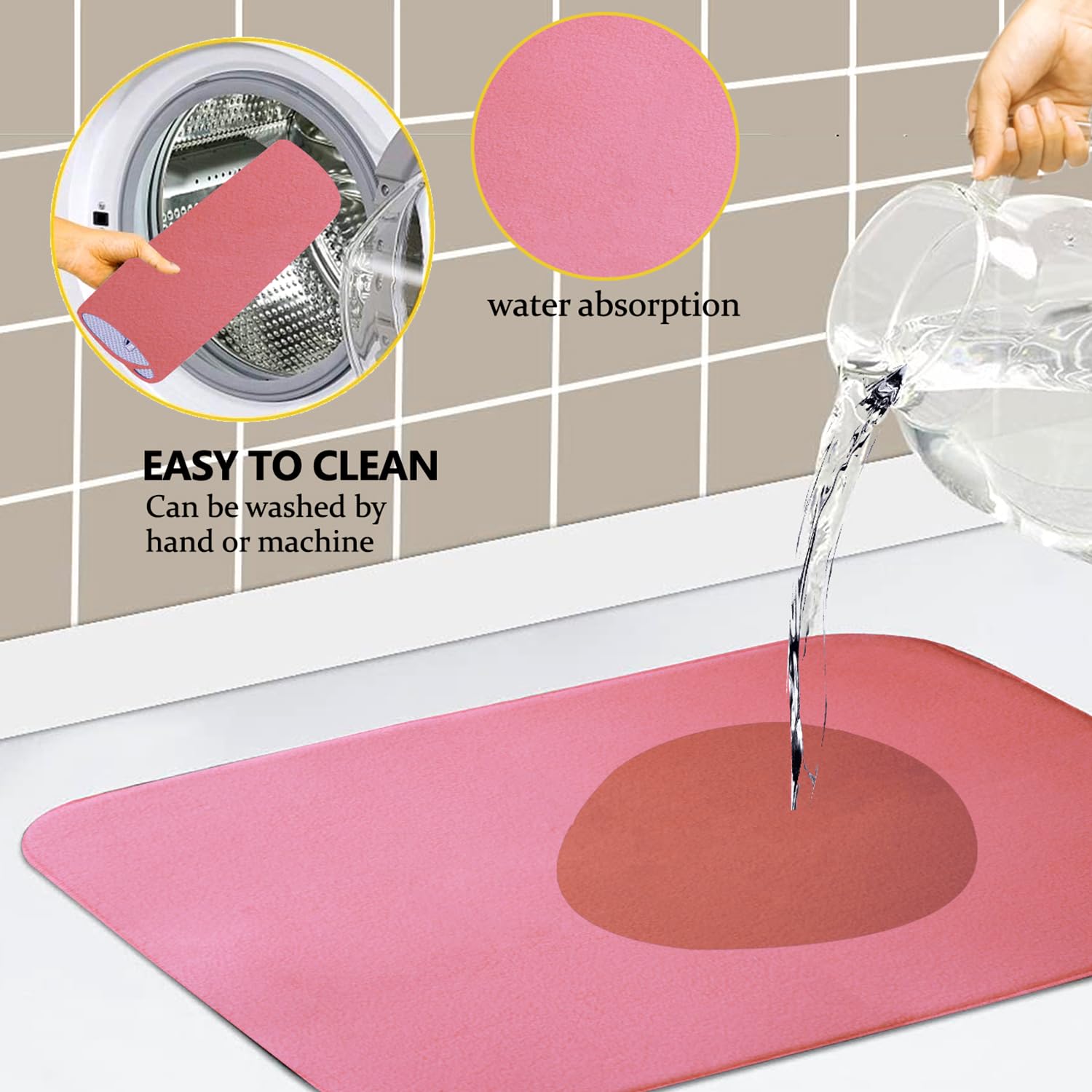 Kuber Industries Microfiber Dish Drying Mat - Reversible, Absorbent Kitchen Mat - 50x70 - Pink 2