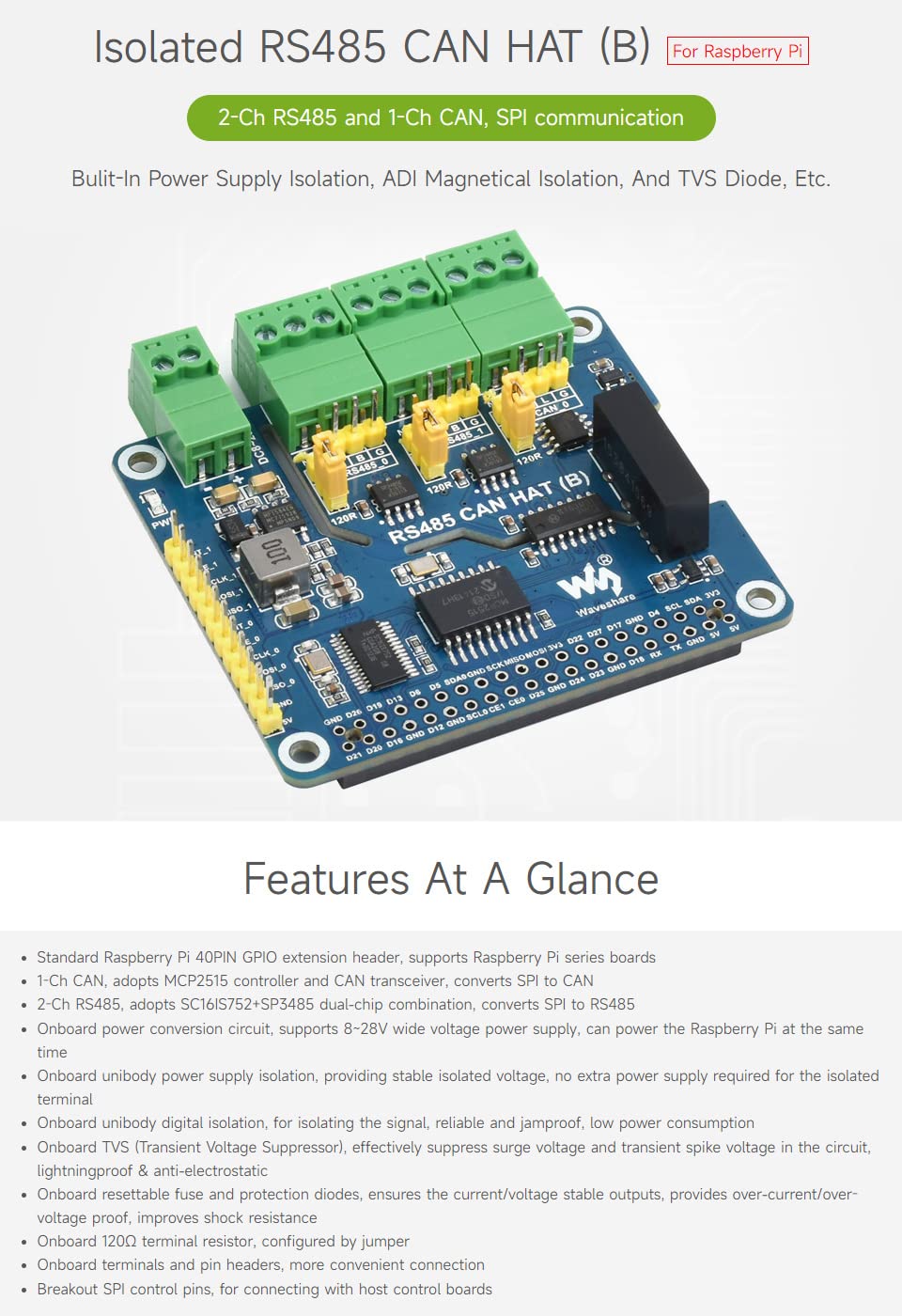 Waveshare Isolated RS485 Can Hat B Type For Raspberry Pi 2-Ch RS485 and 1-Ch Can Multi Protections