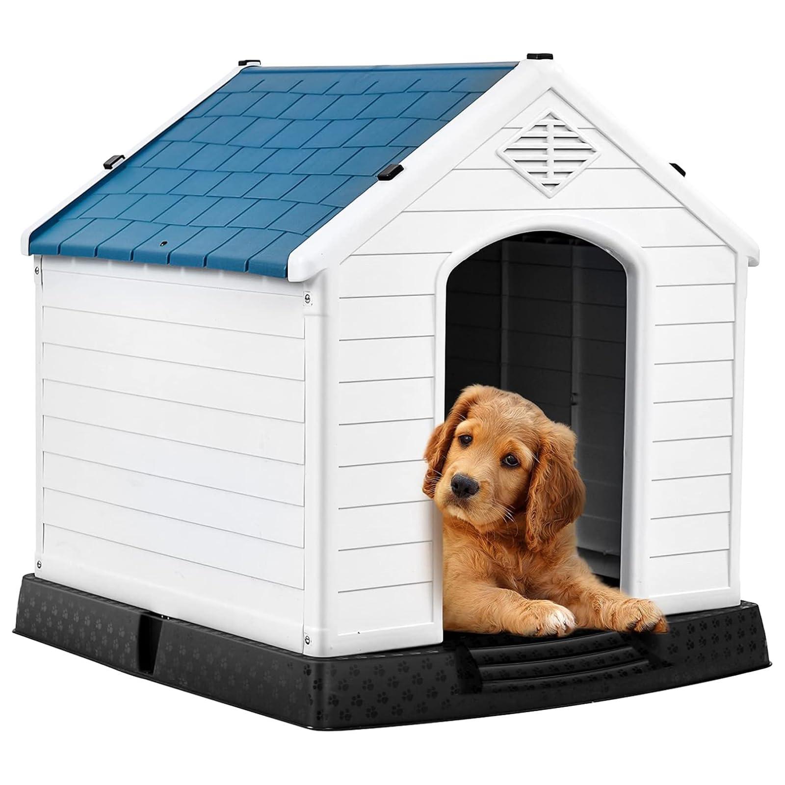 GYMAX Casa Perro, Outdoor Dog Kennel for Small and Medium Dogs, 72.5 x 66 x 70.5 cm with Raised Floor, Ventilation System and Anchor Stakes, White + Blue