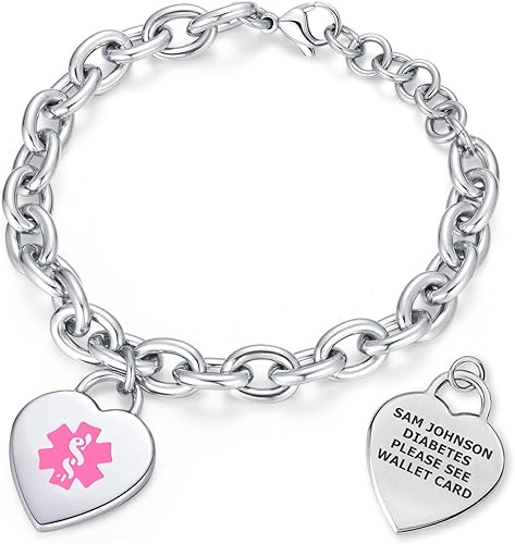 Divoti Pulsera de alerta médica 316L grabada con láser profundo con dije de corazón para mujer, ajustable (se adapta a muñecas de hasta 8.5 pulgadas)