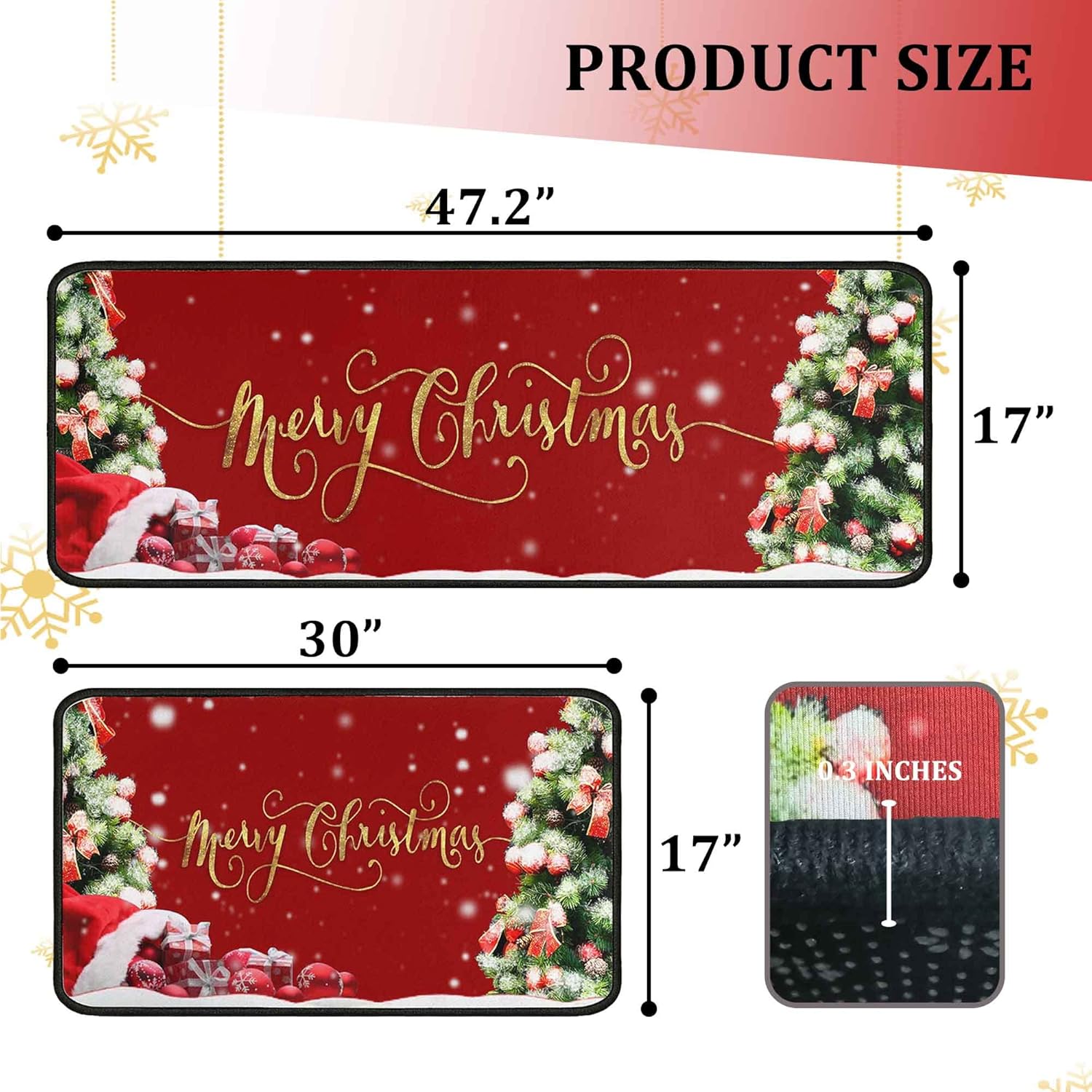 Christmas Kitchen Rugs 2 PCS, Merry Christmas Kitchen Rug, Non Skid Washable Padded Soft Comfort Kitchen Rugs Set (17"x47"+17"x30",Merry Christmas)