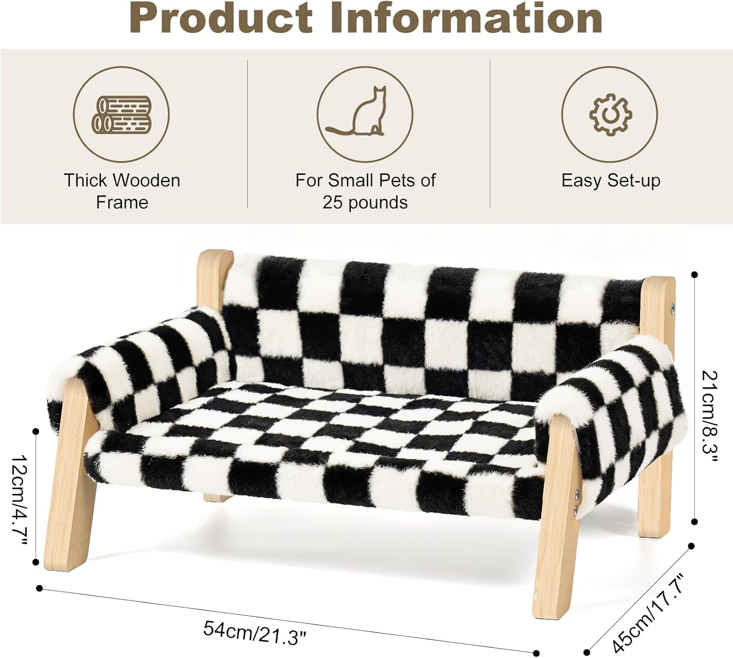 FAMIDGE Elevated Cat Couch Bed for Indoor Cats - Wooden Pet Sofa with Removable Washable Thick Cover Raised Kitty Lounge Chair Suitable for Puppy or Small Animals(Cat Sofa Chessboard)