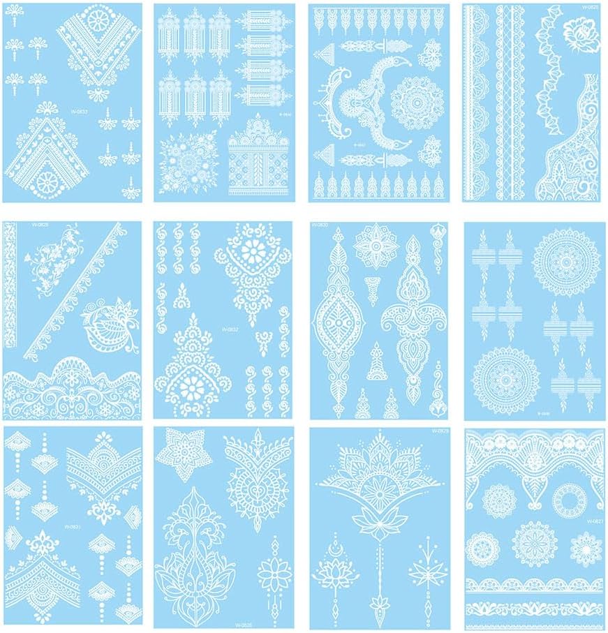 – JZS Tattoo Templates, 12 Sheet Mandala Flower Temporary Tattoo Stickers for Women, Fake Tattoos Henna Stickers, Waterproof Red Ink Body Art Stickers(White)