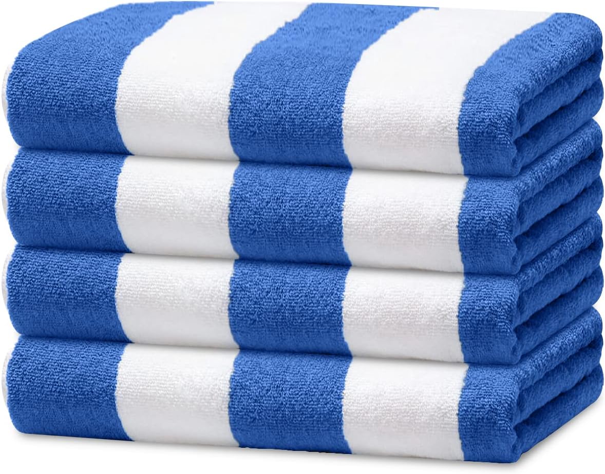 Avalon Towels Cabana Beach Towels 4 Pack (Size 30x60) Inches Oversized, 100% Ring Spun Cotton, Highly Absorbent Large Pool Towels, Super Soft and Quick Drying, Perfect for Gifts (Blue Stripe)