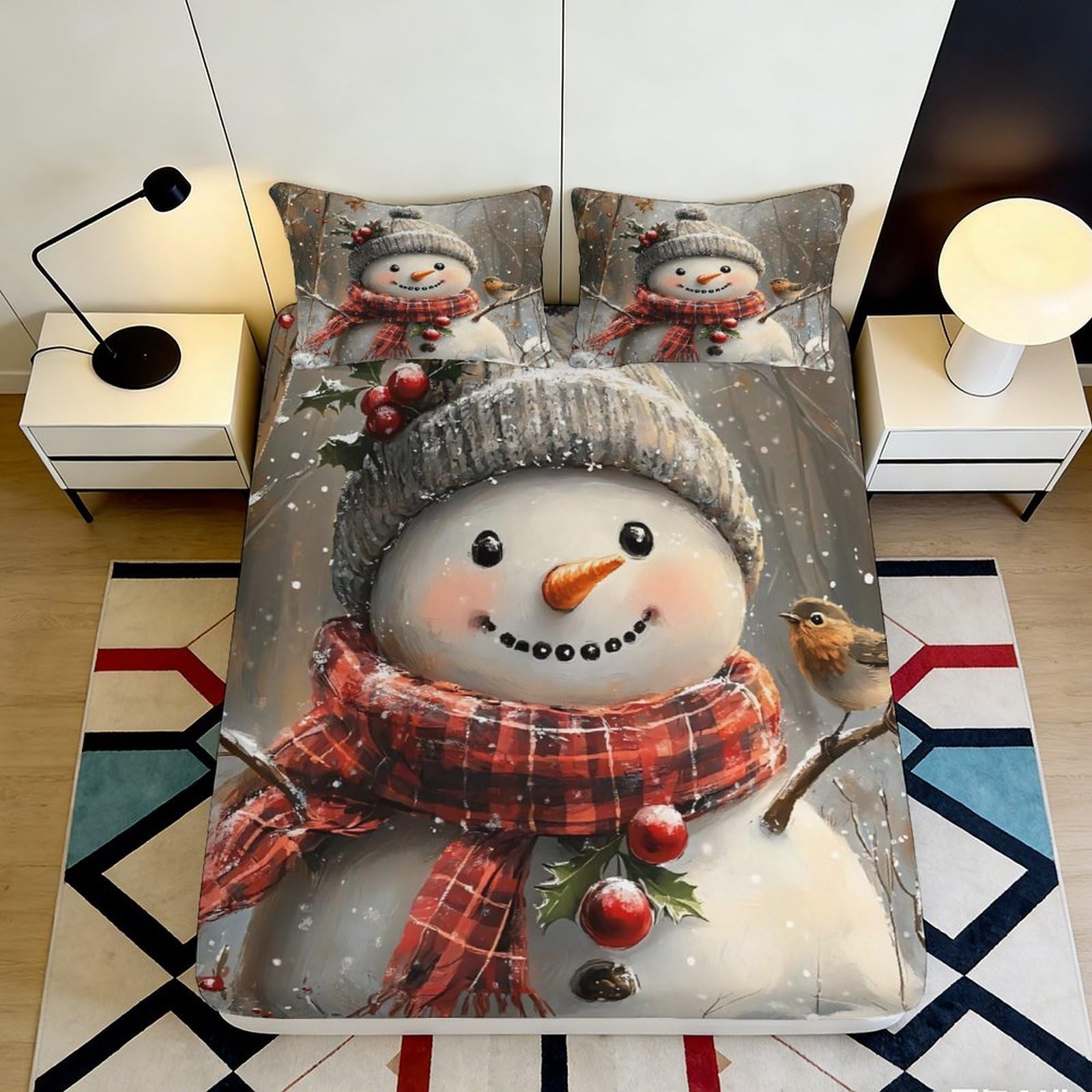 3D Printed Snowman Winter Fitted Sheet Microfiber Soft Christmas Bird Bed Cover for Bedroom Guest Room Decor 90x200x25cm