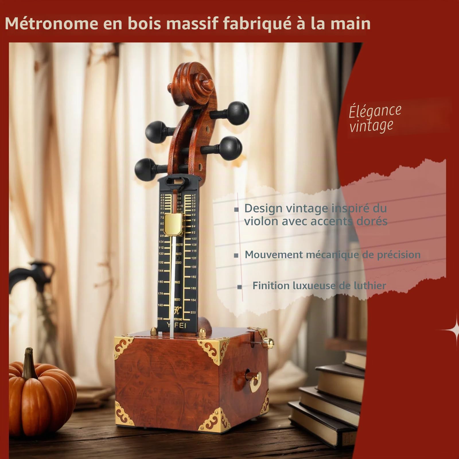 Métronome en bois massif fabriqué à la main – Design vintage inspiré du violon avec accents dorés, mouvement mécanique de précision et finition de luxe pour violon, fabriqué artisanalement pour les