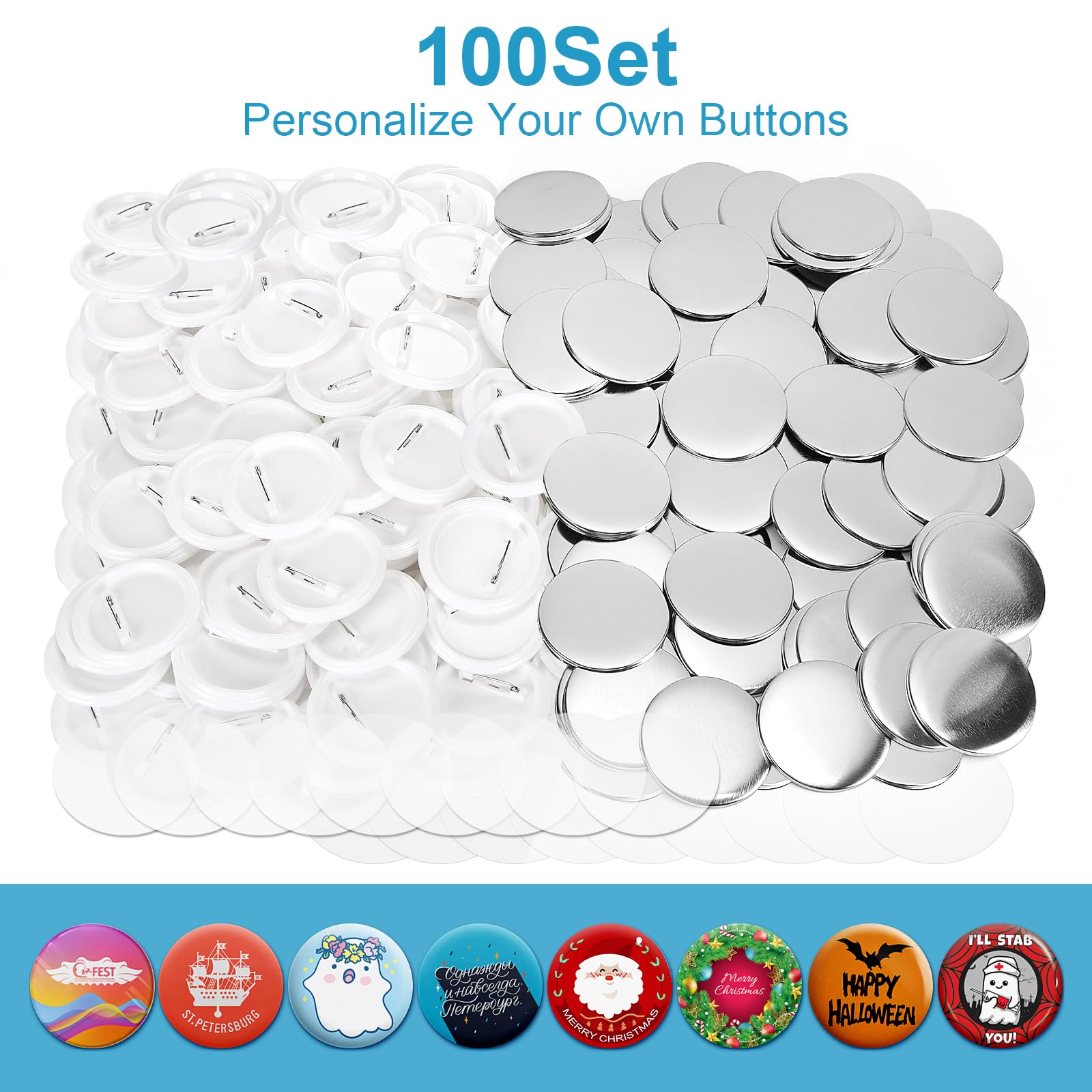 KUNTAERY 100 juegos de suministros para hacer botones de 3 pulgadas, piezas redondas de 75 mm con cubiertas de metal, tapas de plástico, película transparente y papel en blanco, perfecto para máquina