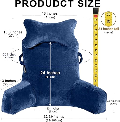 Miniatura 10 de Almohada de lectura, almohada extra grande de 31 pulgadas con rollo de cuello desmontable y brazos para sentarse en la cama o en el sofá, almohada