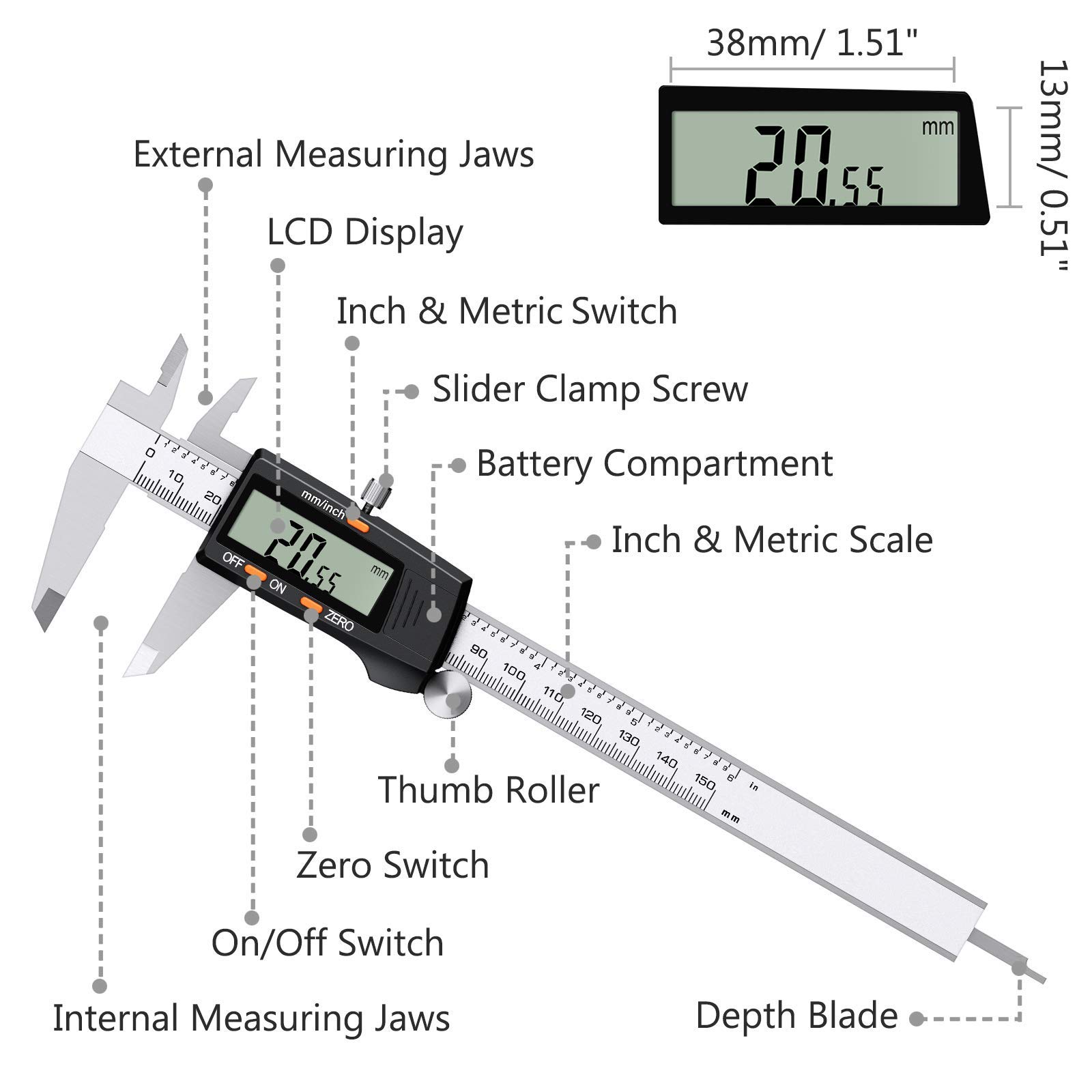 Produktbild von ESynic Digitaler Messschieber 150mm/6 Zoll – Edelstahl, Elektronisch, Mit Zoll/Metrisch/Bruchteil-Umrechnung – Für Außen-, Innen-, Tiefen- Und Stufenmaße