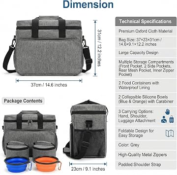 Dog Travel Bag with 2 Food Containers and 2 Foldable Pet Bowls