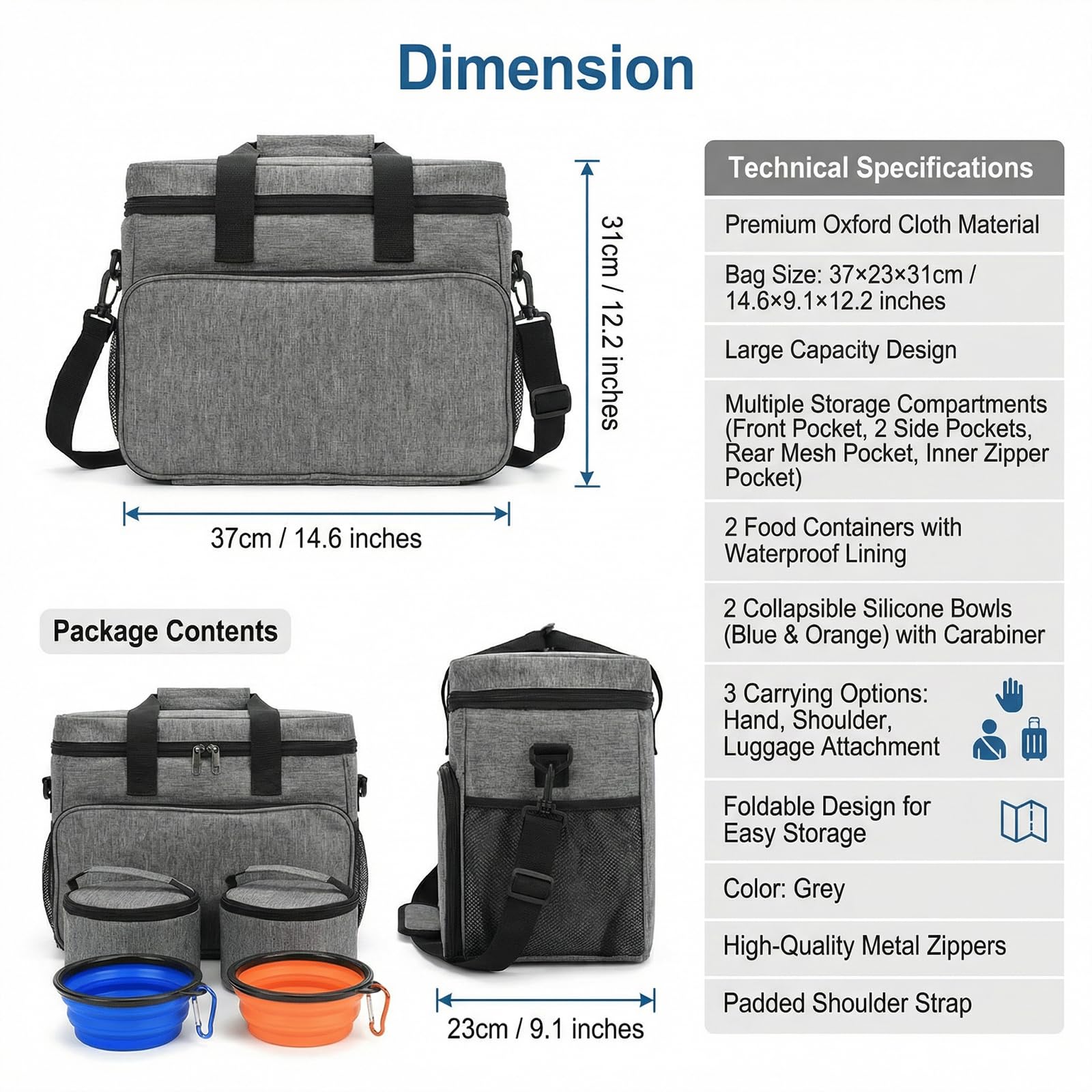 Bolsa de Viaje para Perro, Portátil con 2 Recipientes de Comida y 2 Cuencos Plegables, Ideal para Camping y Viajes