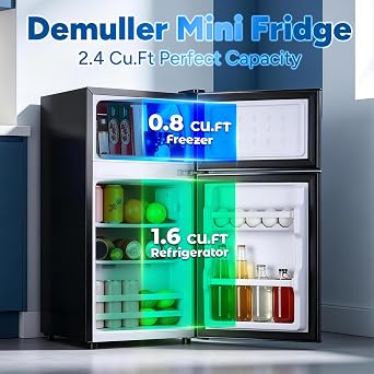 DEMULLER 2.4 Cu.Ft Small Refrigerator with Freezer Mini Fridge Removable Plastic Shelves Ideal for Apartment,Dormitory Black