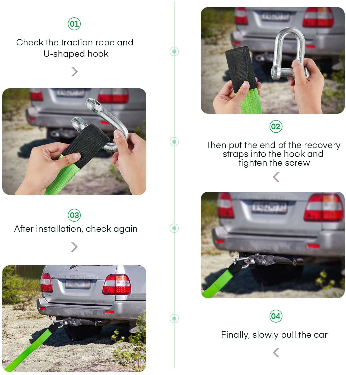 MAMIZO Gancio di Traino 5M x 5cm, Carico di Rottura 9T con 2 Ganci a U Rinforzati, un Paio di Guanti Antiscivolo e Una Borsa di Stoccaggio (verde), Cinghia di Traino di Emergenza per Auto.
